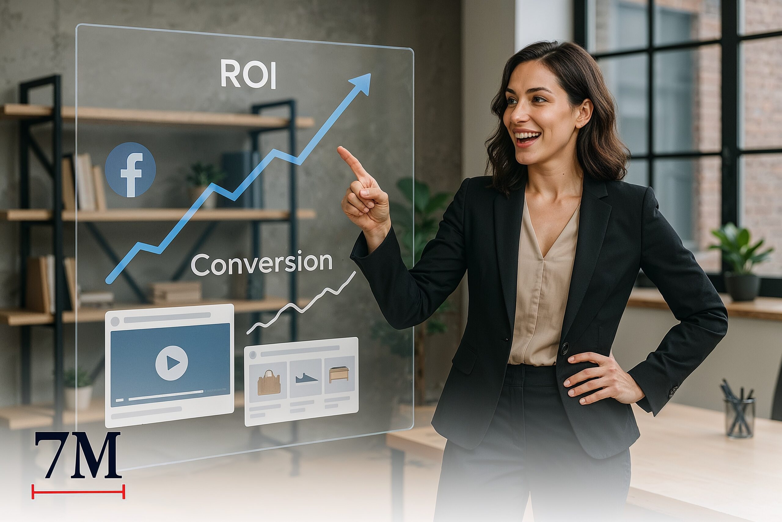 Business professional presenting Facebook ad ROI and conversion metrics on a digital display in a modern marketing office.