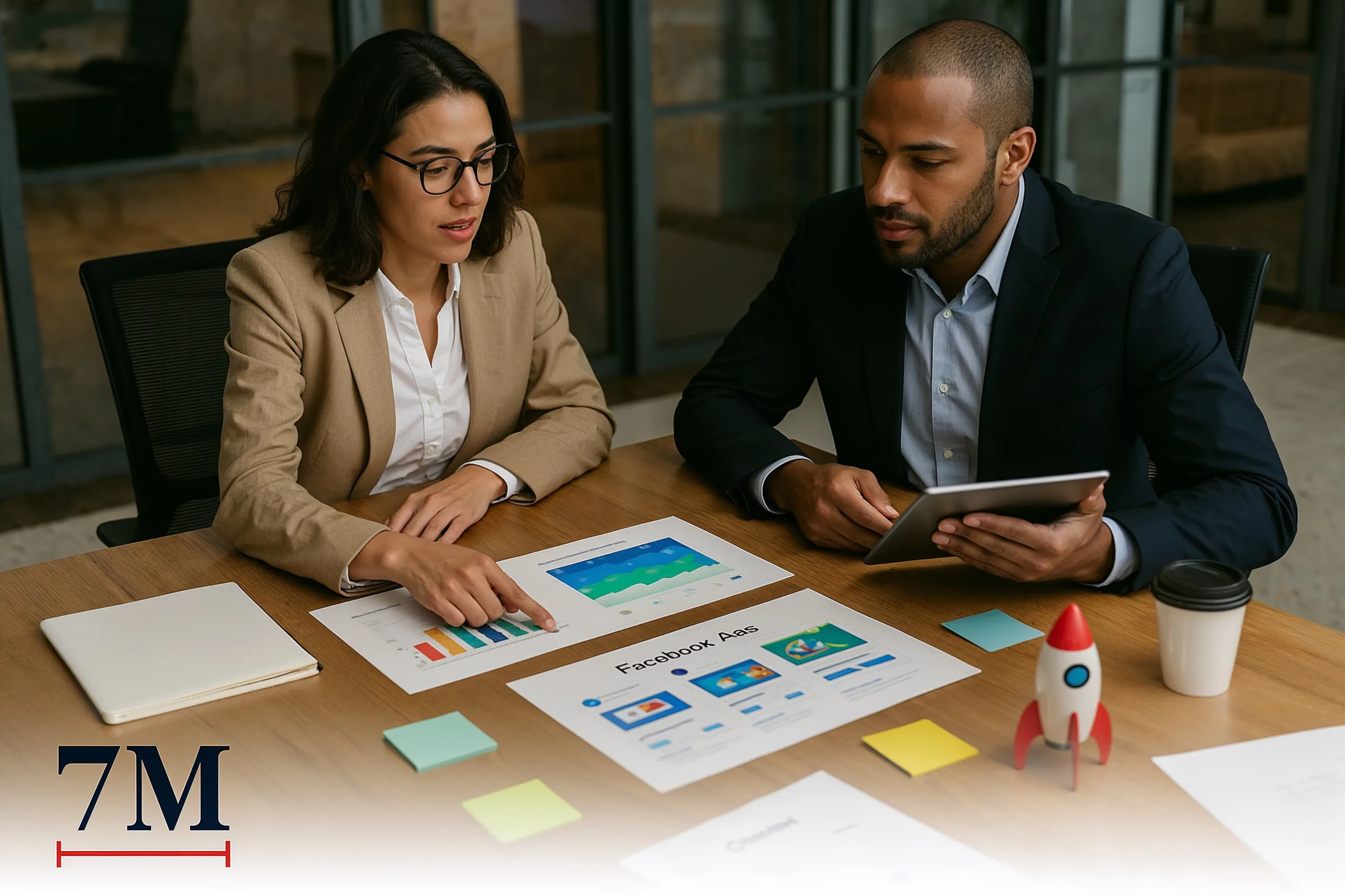 Two professionals in business attire collaborating at a table with Facebook ad campaign charts and creative elements, symbolizing digital marketing strategy.