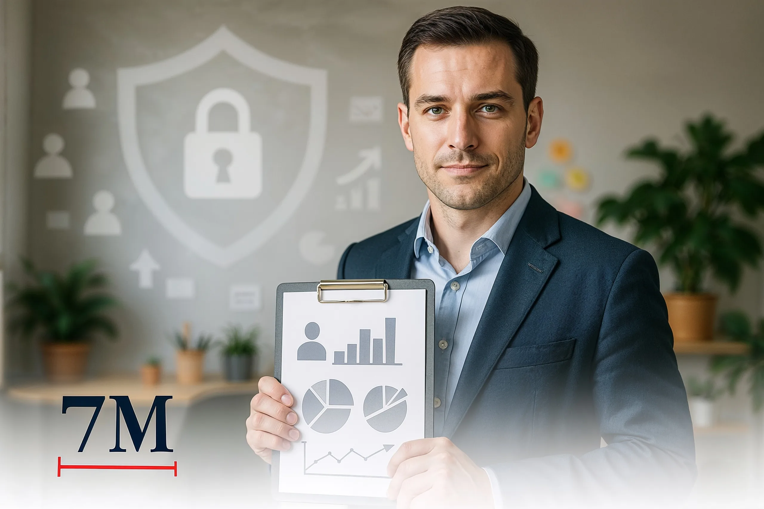 Business professional in front of a digital privacy shield with marketing symbols, representing privacy compliance in remarketing campaigns.