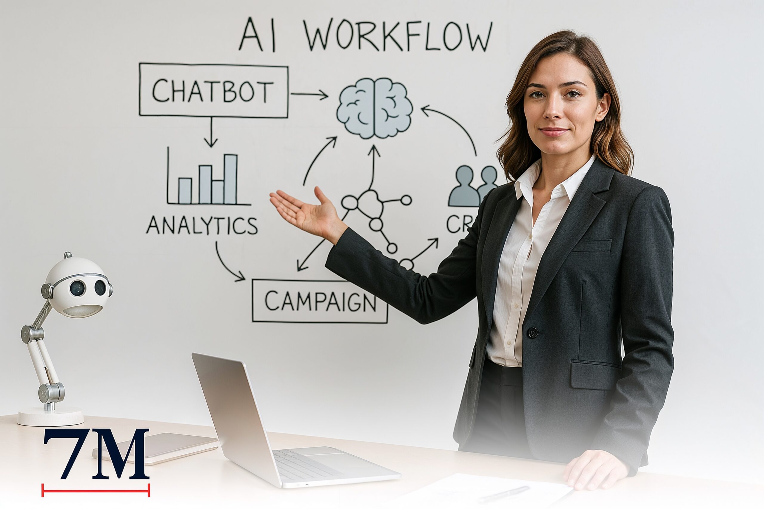 Marketing strategist explains AI-integrated workflows for GoHighLevel using campaign diagrams and automation icons in a modern workspace