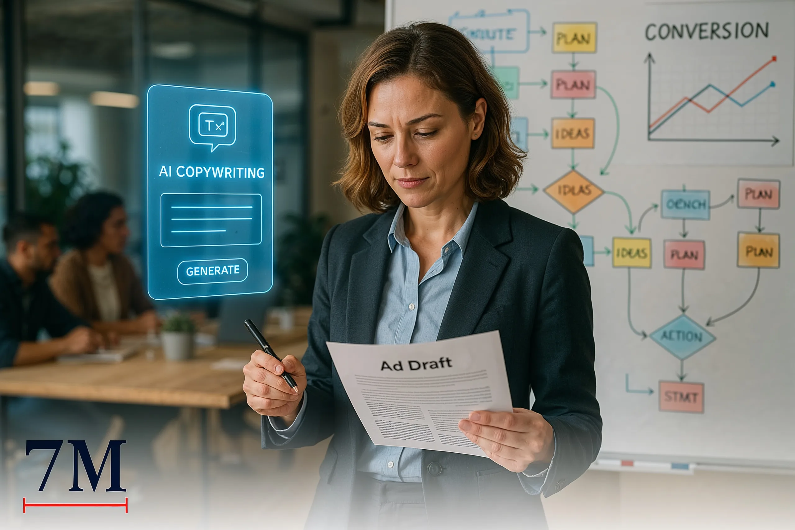 Businesswoman in a creative agency workspace reviewing ad copy at a whiteboard with AI hologram, symbolizing collaboration between human creativity and AI tools.