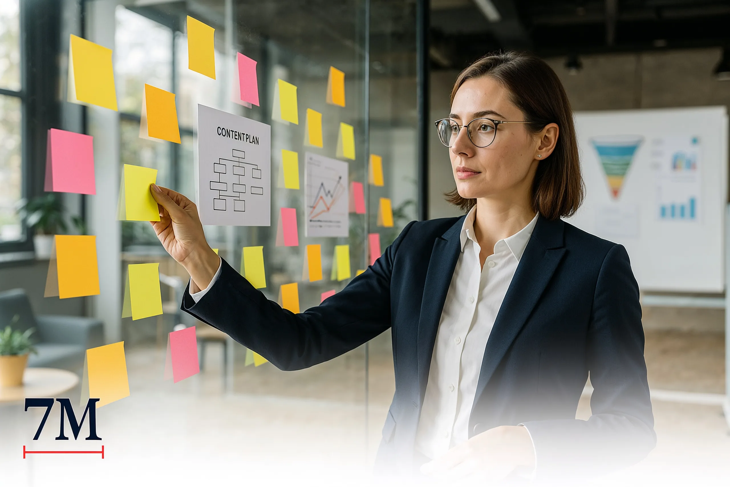 Businesswoman organizing lead generation strategies on a glass wall covered with notes, graphs, and content plans in a modern, creative workspace.