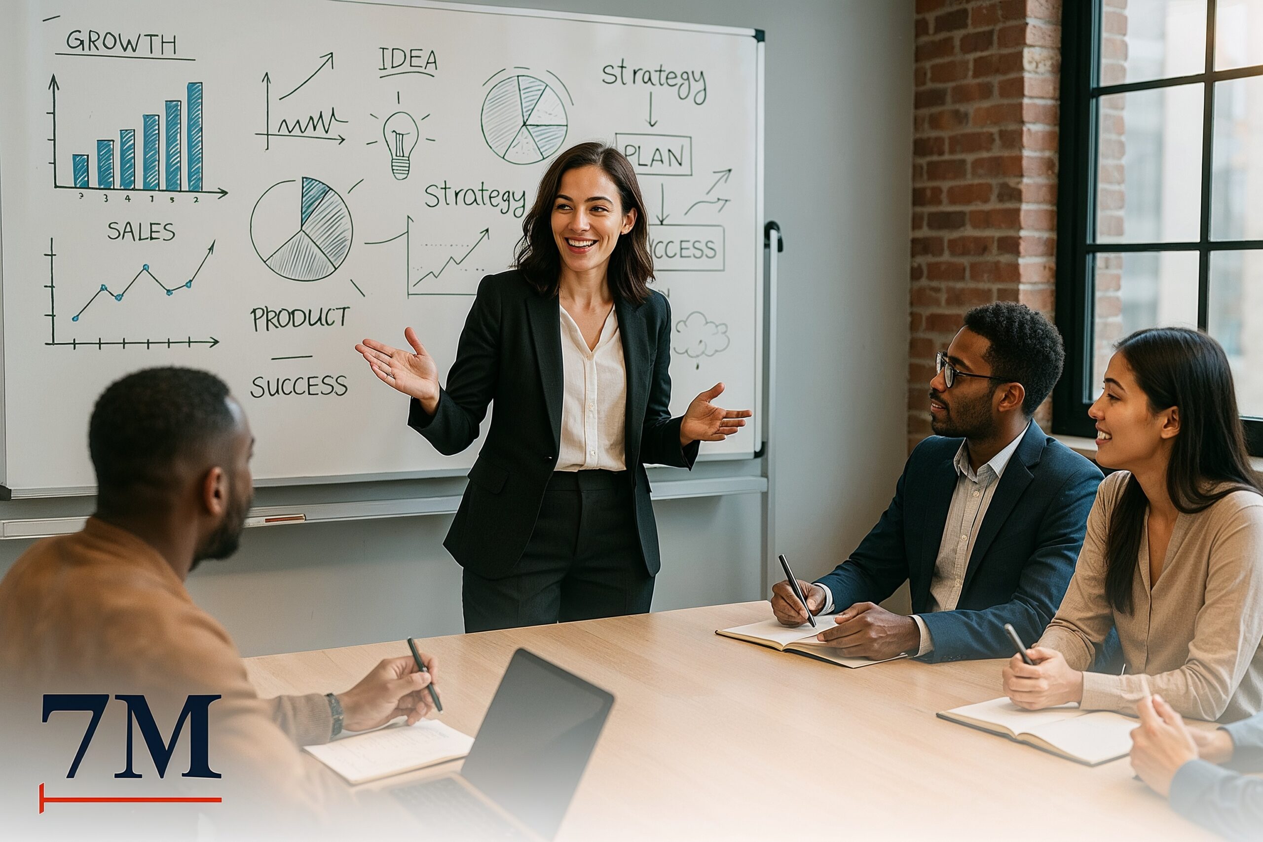 Professional woman leading a diverse marketing team meeting with campaign strategy charts and creative sketches in a modern office.