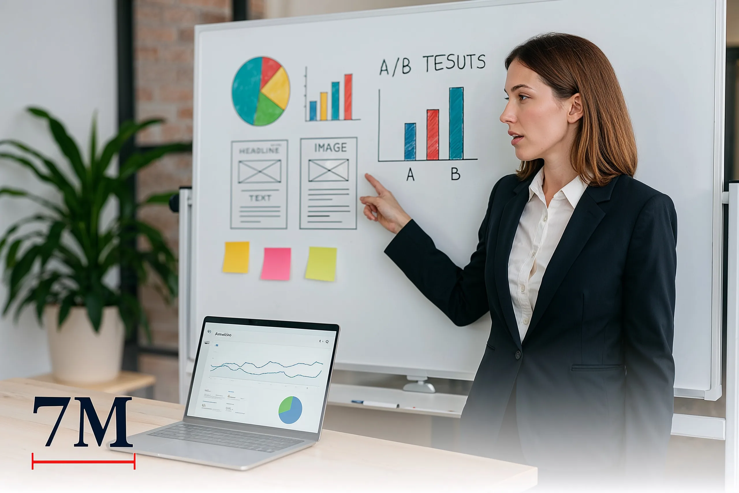 Professional woman presenting A/B testing results for email campaigns on a whiteboard, surrounded by analytics and email strategy charts.