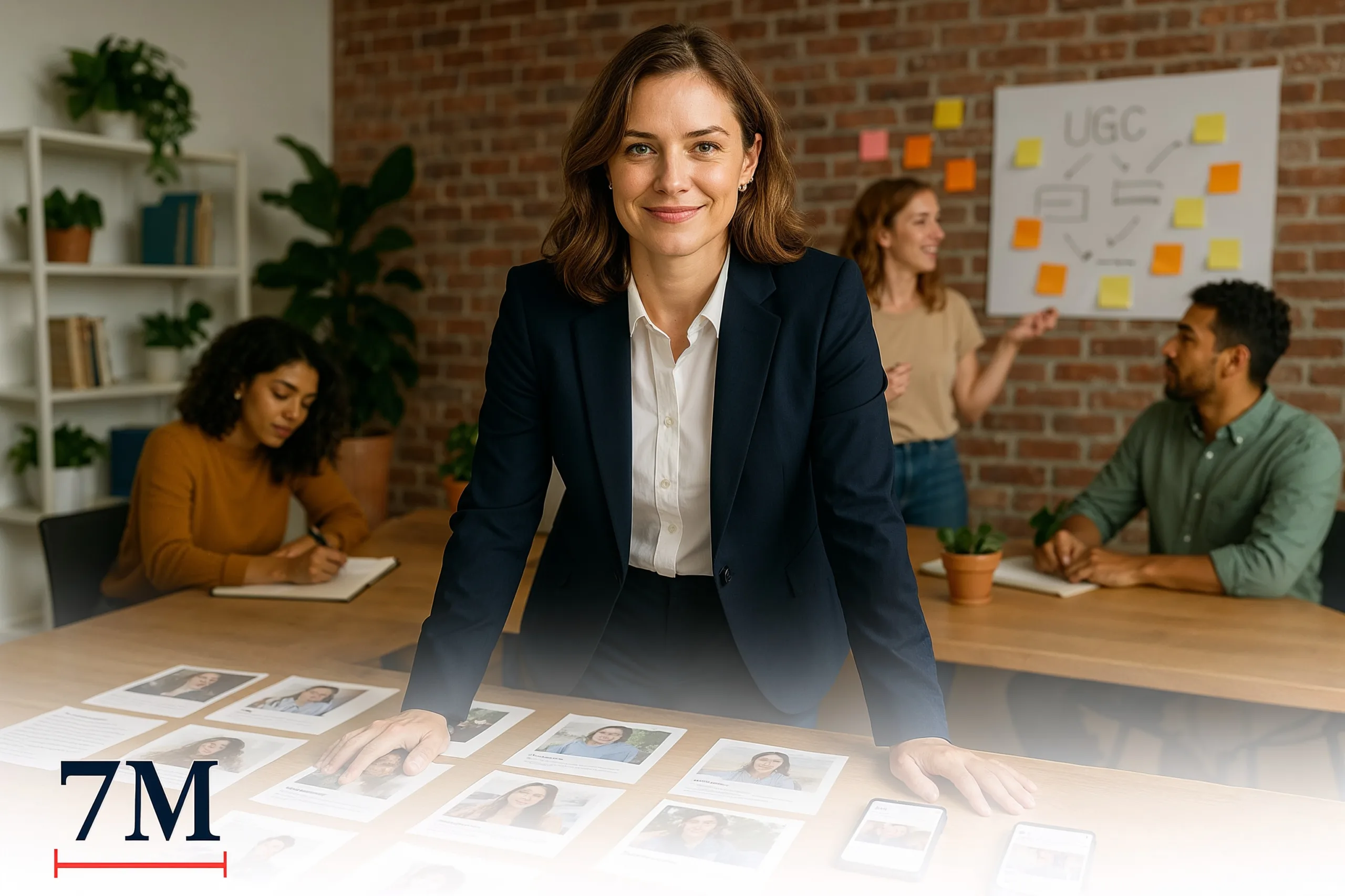 Business professional reviewing user-generated content for Facebook ads in a creative office environment