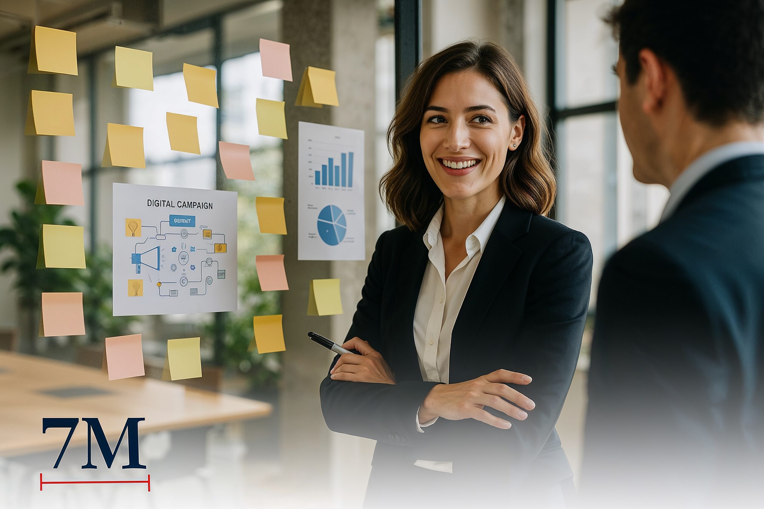 Businesswoman in a modern office planning marketing strategies with team members, using sticky notes and charts