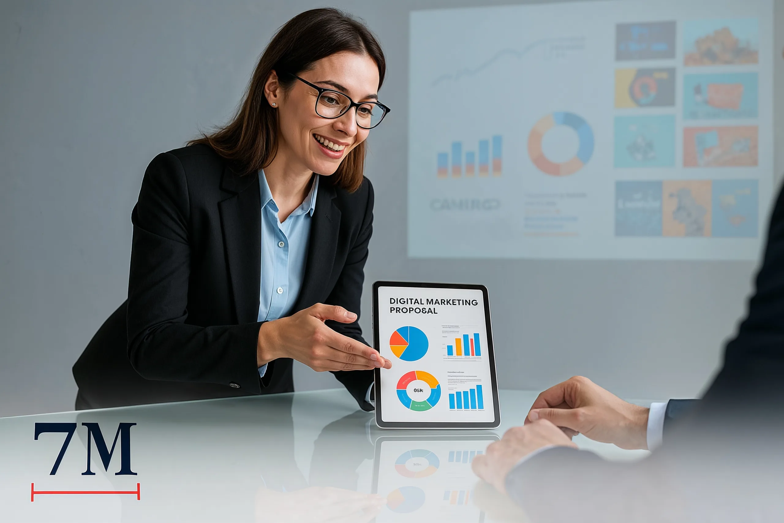 Professional businesswoman presenting a digital marketing proposal on a tablet with campaign visuals and graphs in a modern workspace.