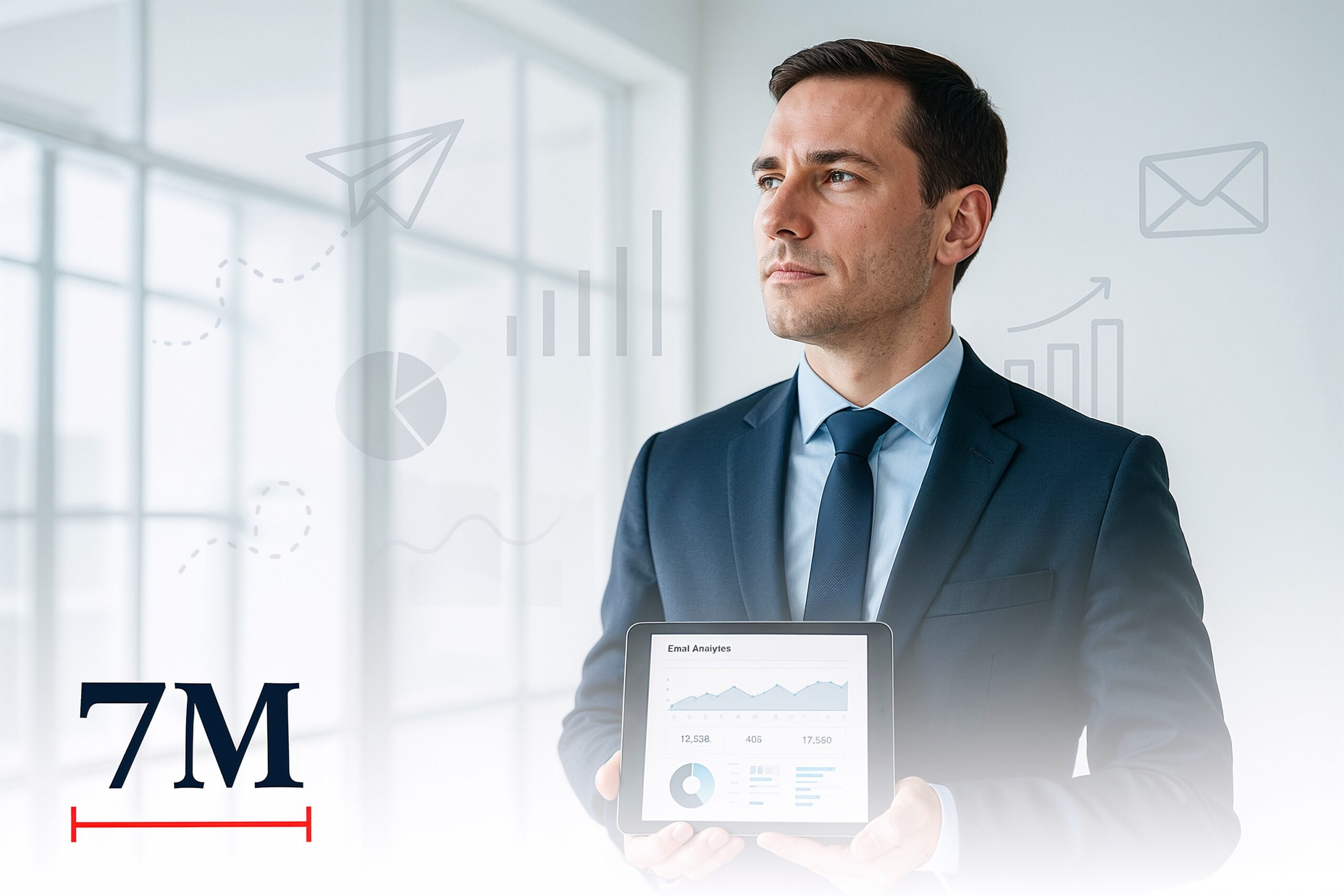 Marketer in business attire analyzing email deliverability metrics on a tablet in a modern office.