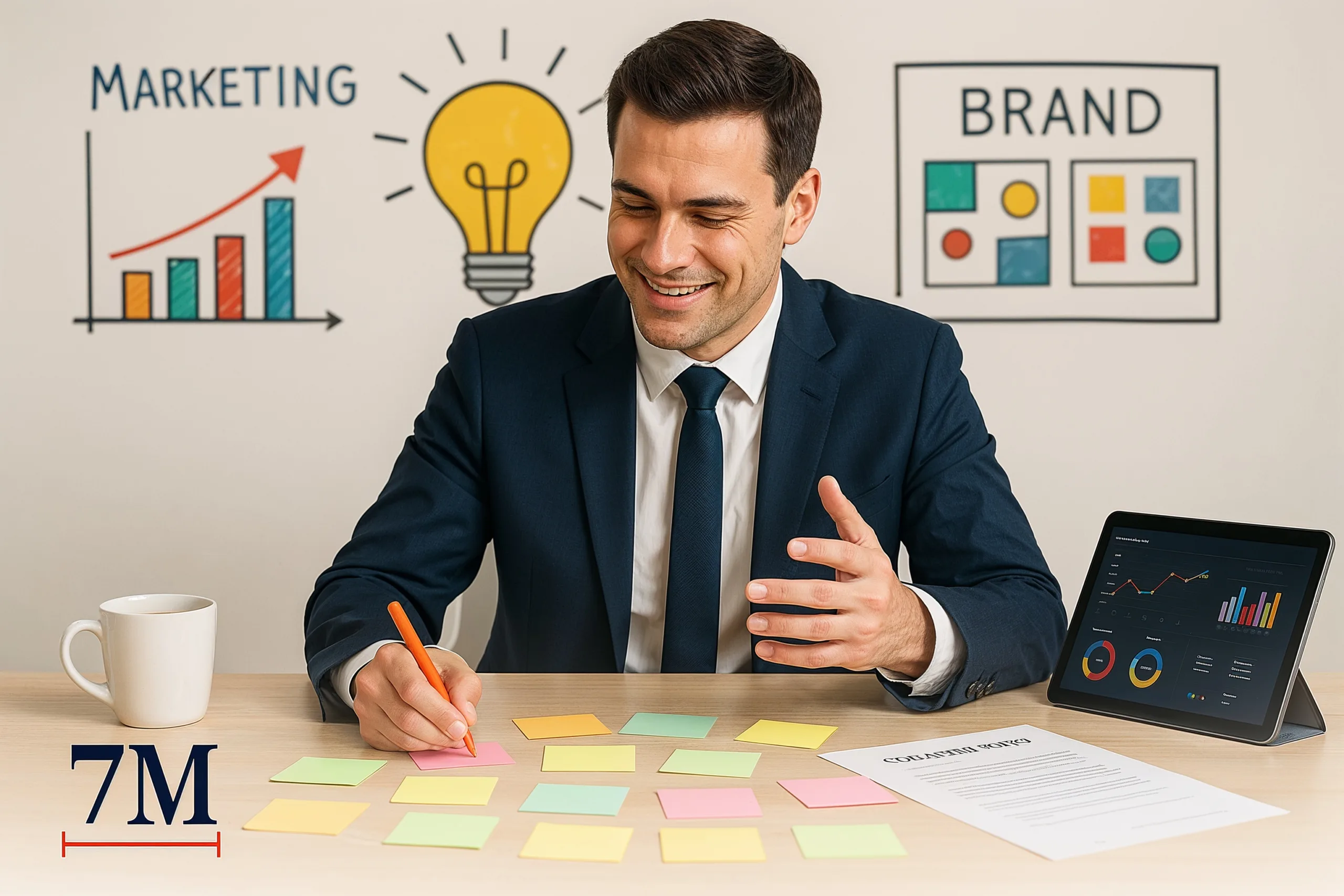 Marketing professional brainstorming ad copy with creative tools and campaign analytics in a modern workspace.