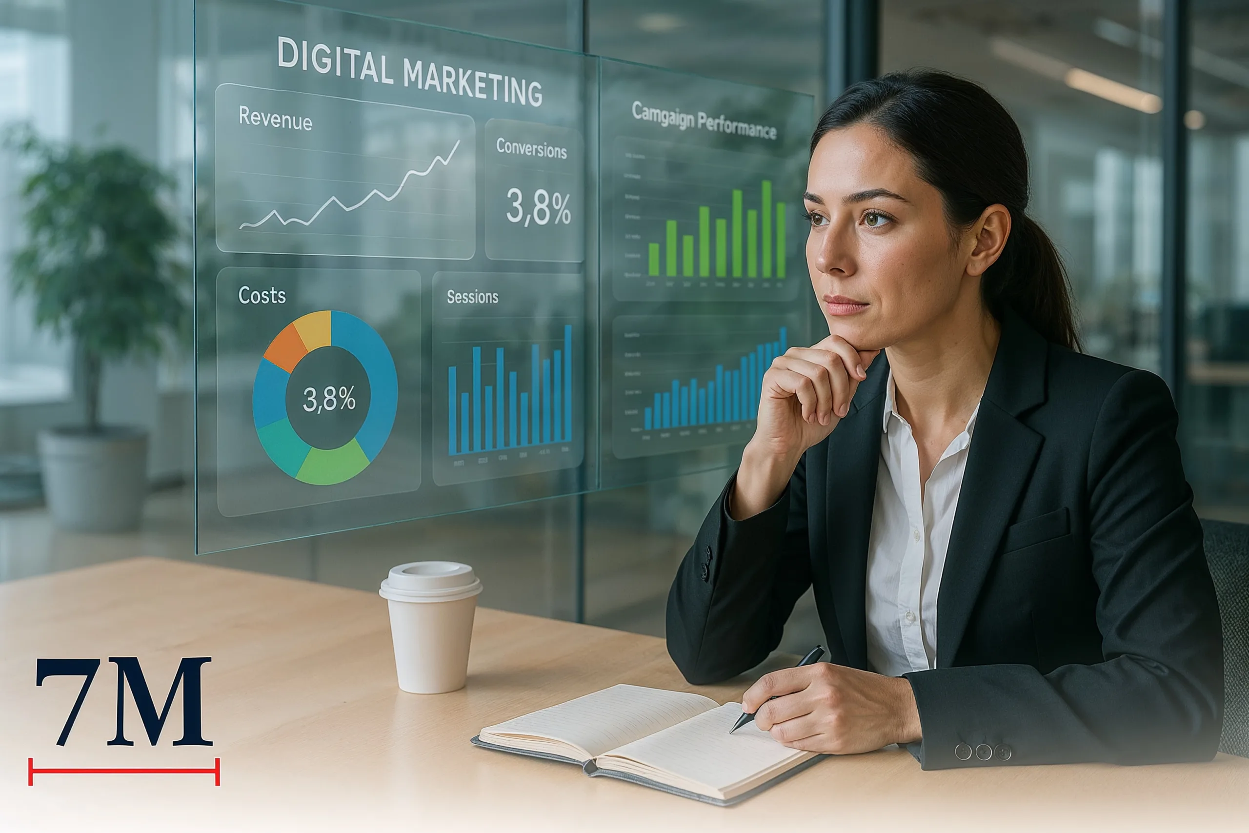 Digital marketing strategist analyzing retargeting campaign performance at a modern conference table.