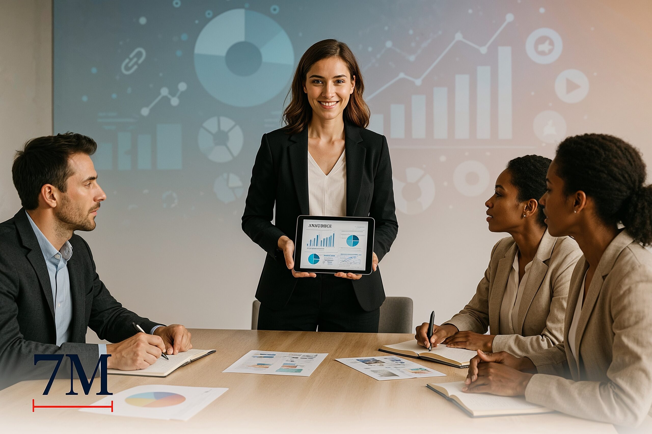 Business professional leading a data-driven marketing strategy meeting with a collaborative team, featuring analytics and social media visuals.