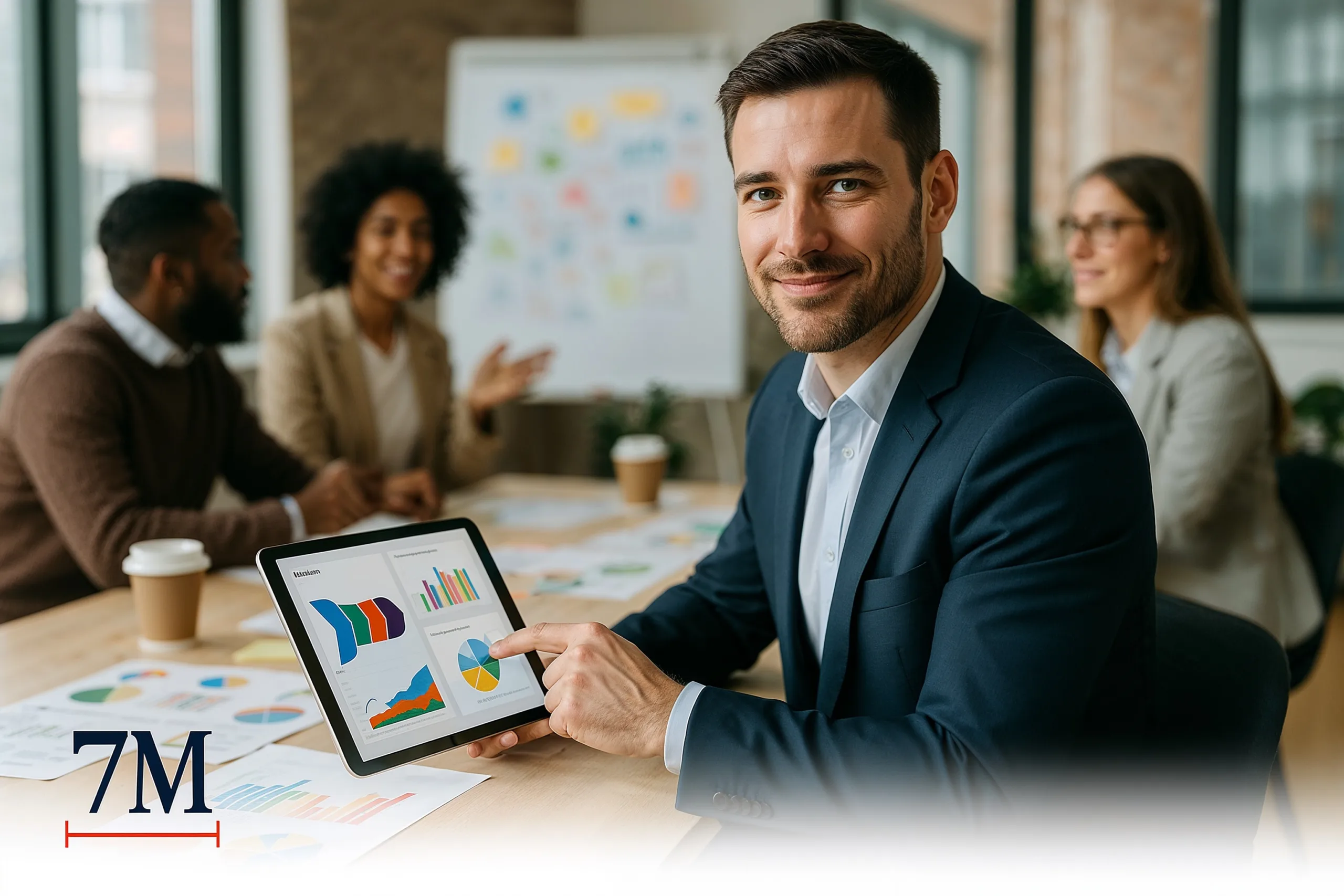 Business professional in marketing agency using a tablet with CRM dashboard while collaborating with team in a modern workspace.