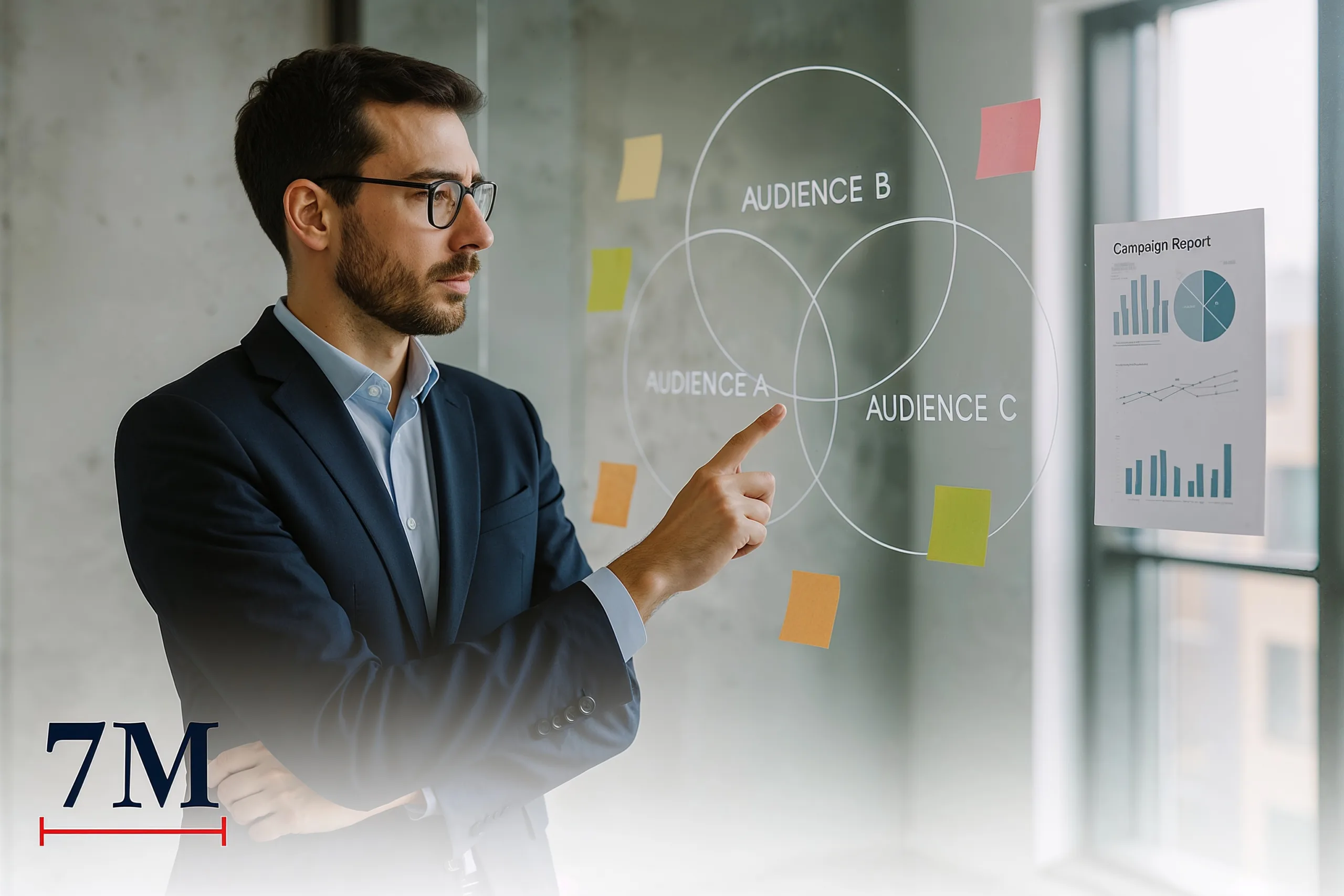 Digital marketing strategist analyzing overlapping transparent audience circles on a glass board