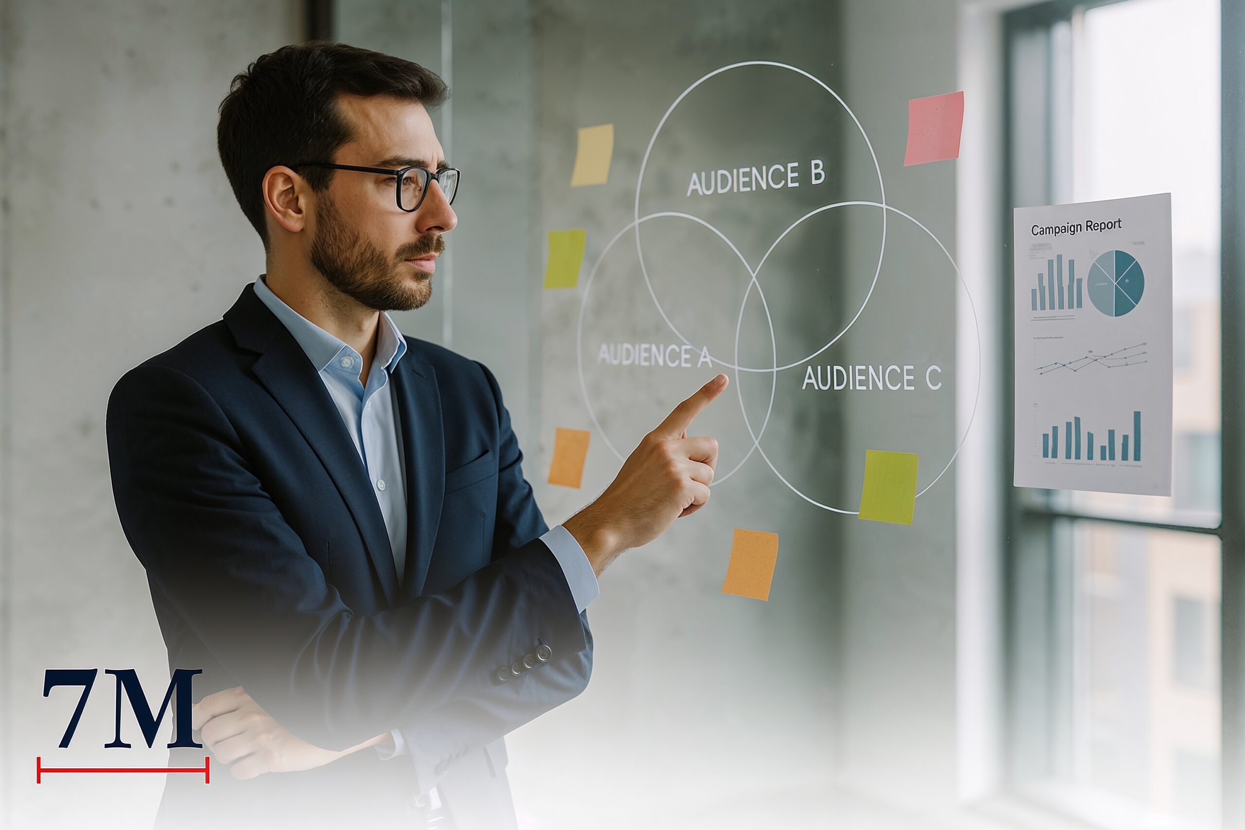 Digital marketing strategist analyzing overlapping transparent audience circles on a glass board