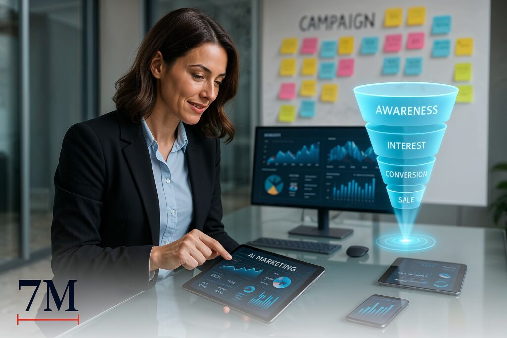 A businesswoman in a modern agency office using AI-powered devices and digital analytics to manage marketing campaigns with futuristic visuals.