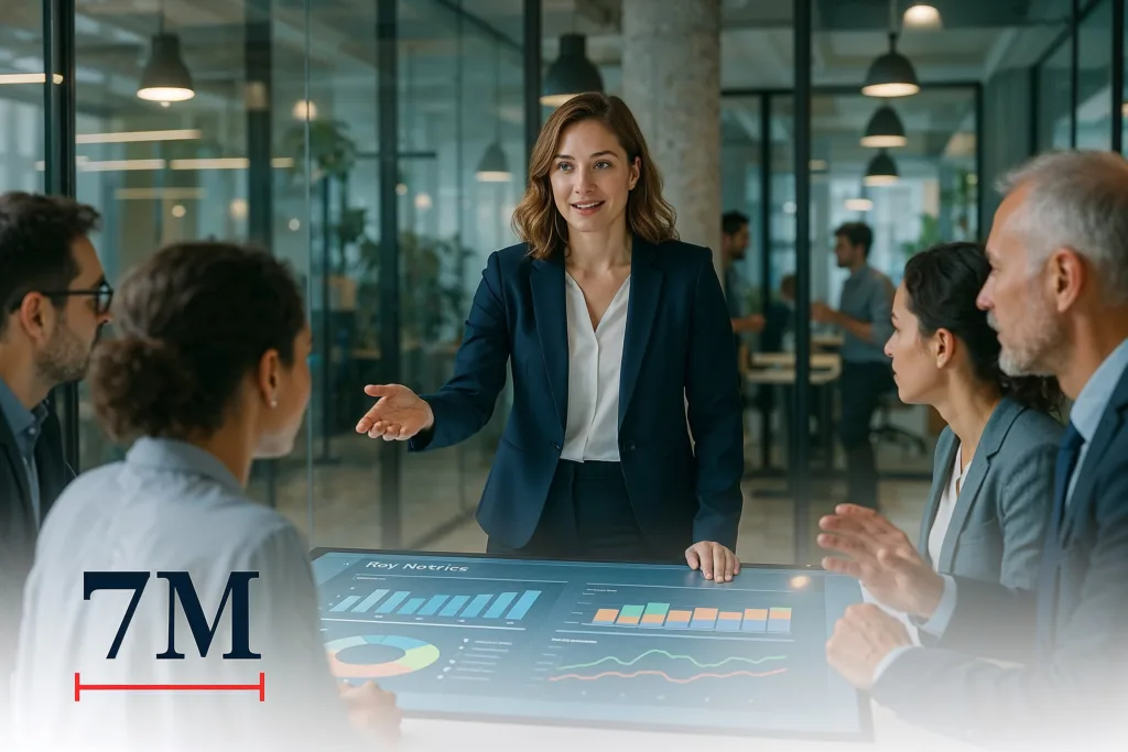 Businesswoman leading a discussion on digital marketing KPIs at a modern workspace with interactive dashboard visuals and a collaborative team.