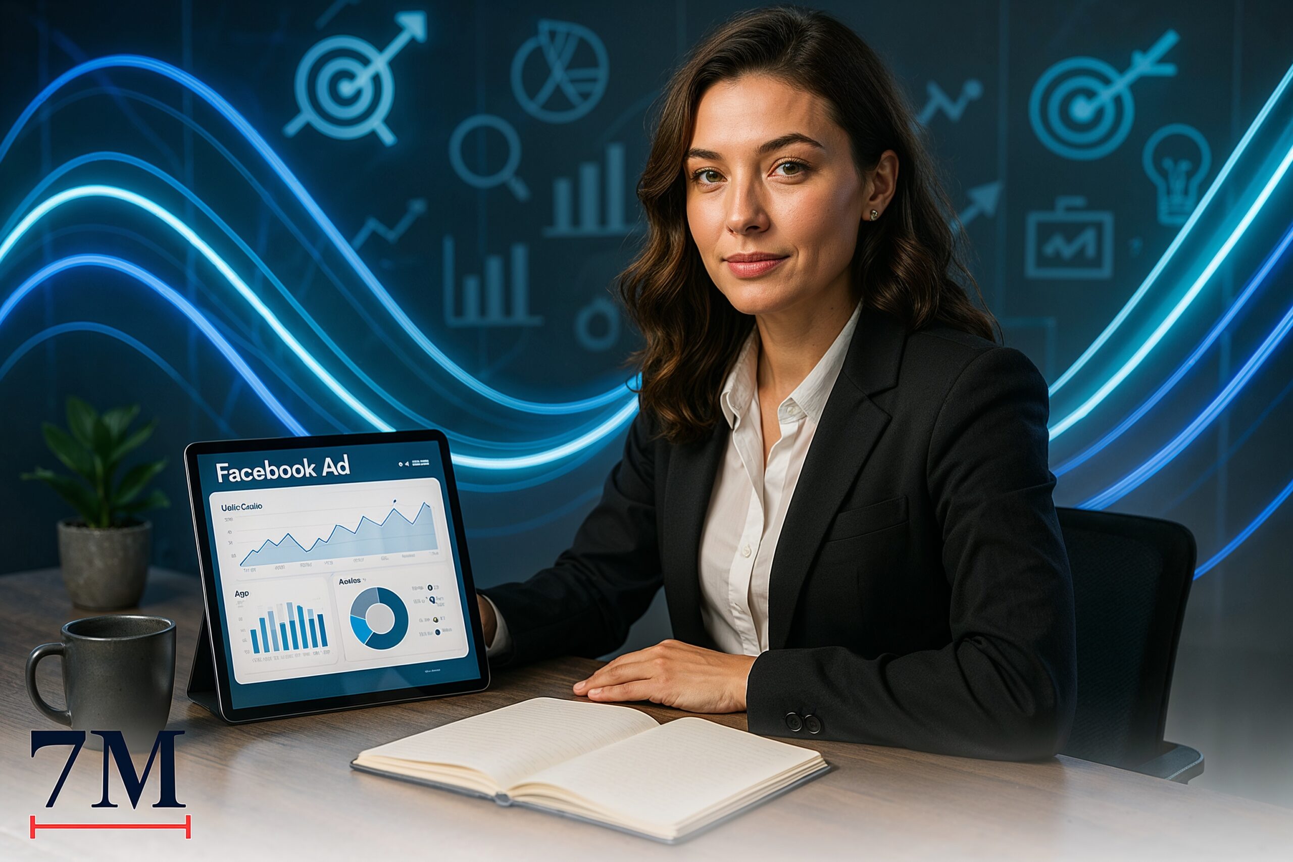 Businesswoman at modern desk analyzing Facebook ad spend on a digital tablet, surrounded by visual data and marketing elements.