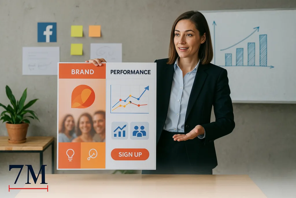 Business professional presenting a balanced marketing strategy using both brand imagery and direct response data in a creative workspace.