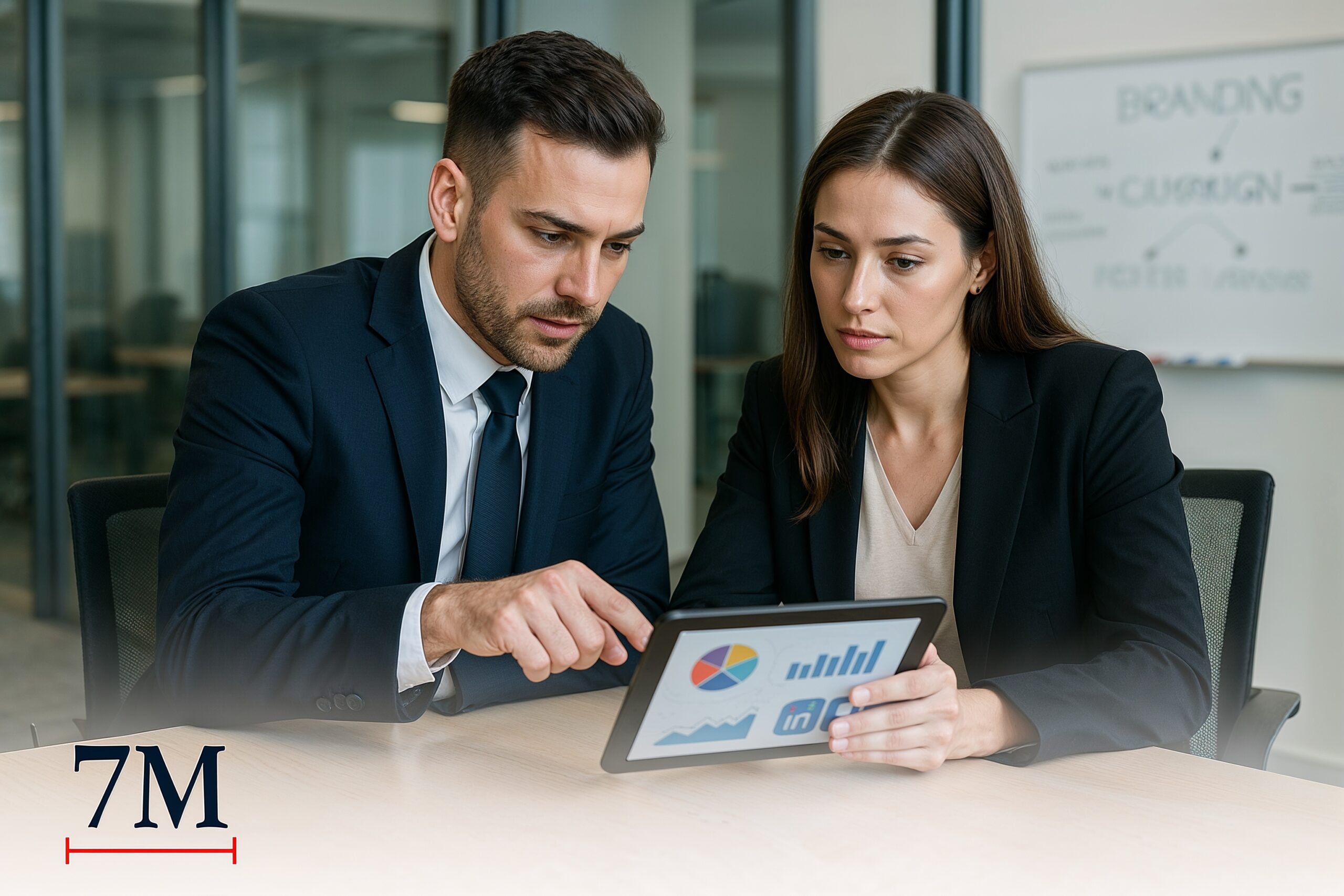 Business professionals analyzing LinkedIn and Facebook ad performance for B2B lead generation in a modern office setting