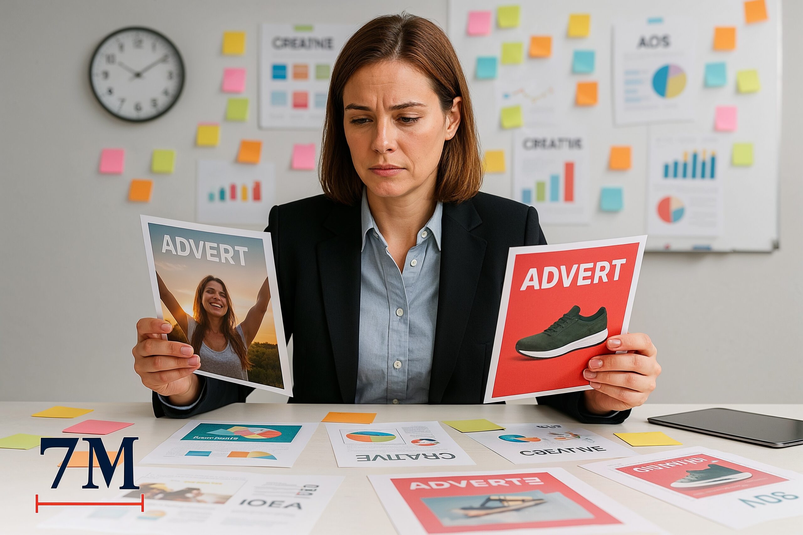 Businesswoman in creative workspace comparing ad visuals, surrounded by creative drafts and tools, symbolizing rapid ad testing.