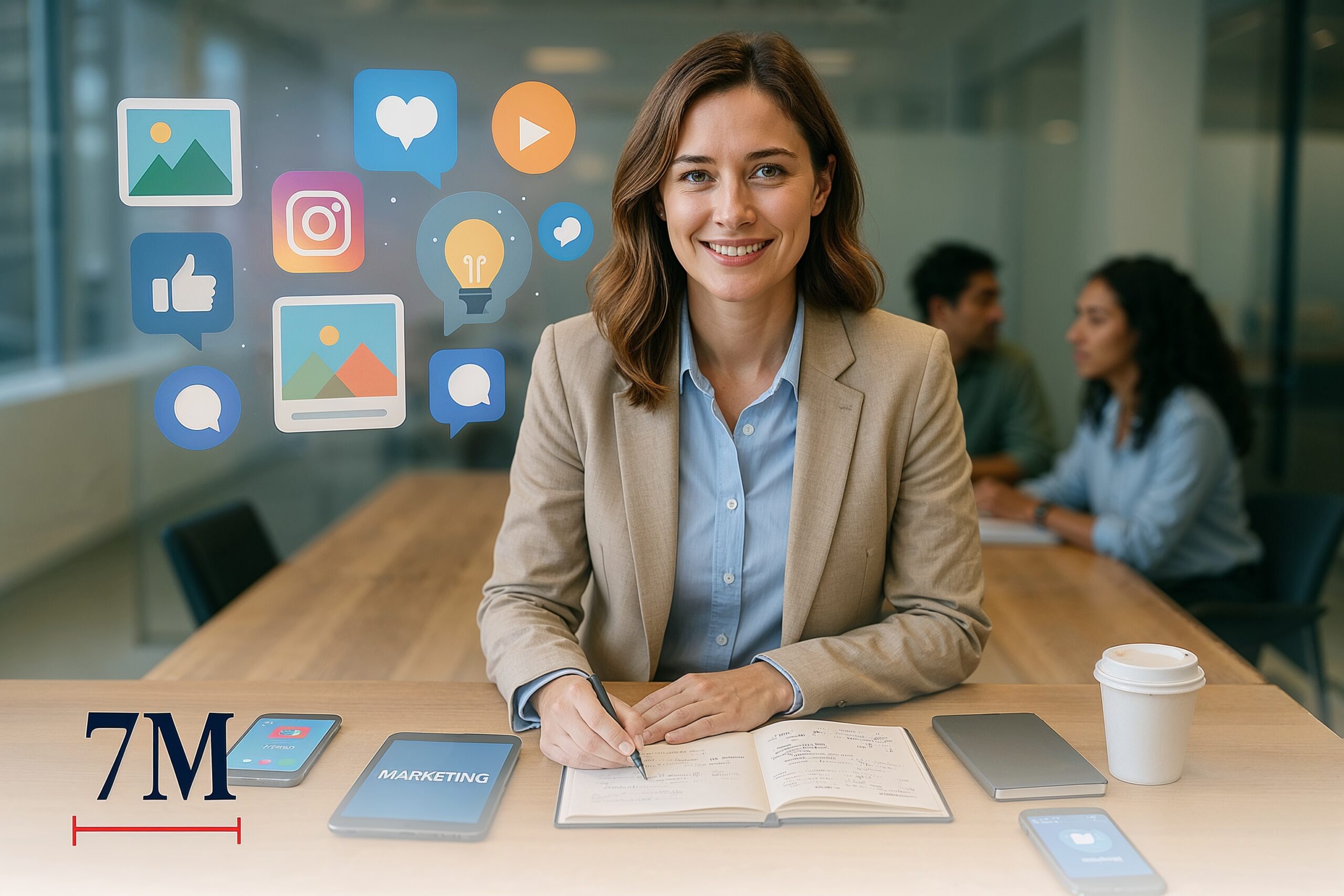 Businesswoman in modern workspace collaborating on AI-powered social media marketing with creative props and team.