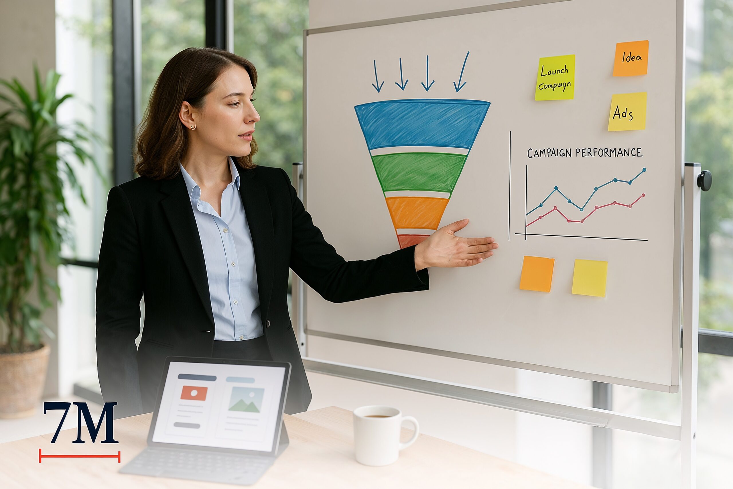 Businesswoman in business attire strategizing funnel offers for digital marketing, surrounded by campaign charts and creative workspace.