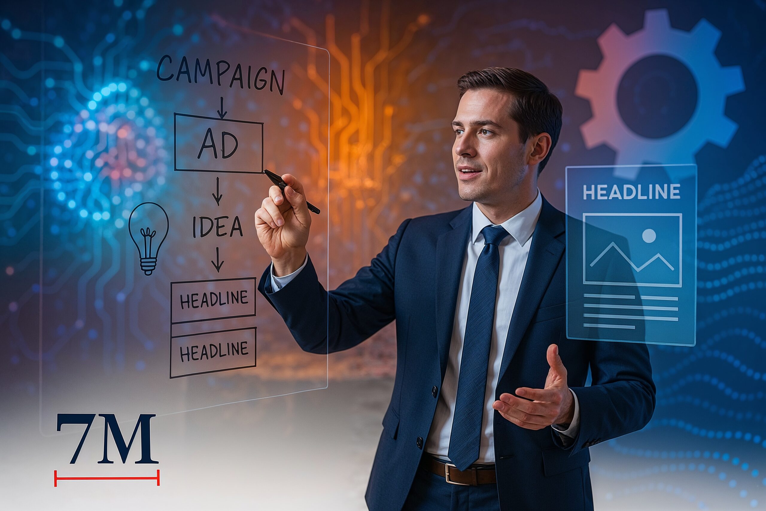 Business professional in a creative workspace surrounded by holographic AI-generated content, gesturing to campaign concepts on a glass wall.