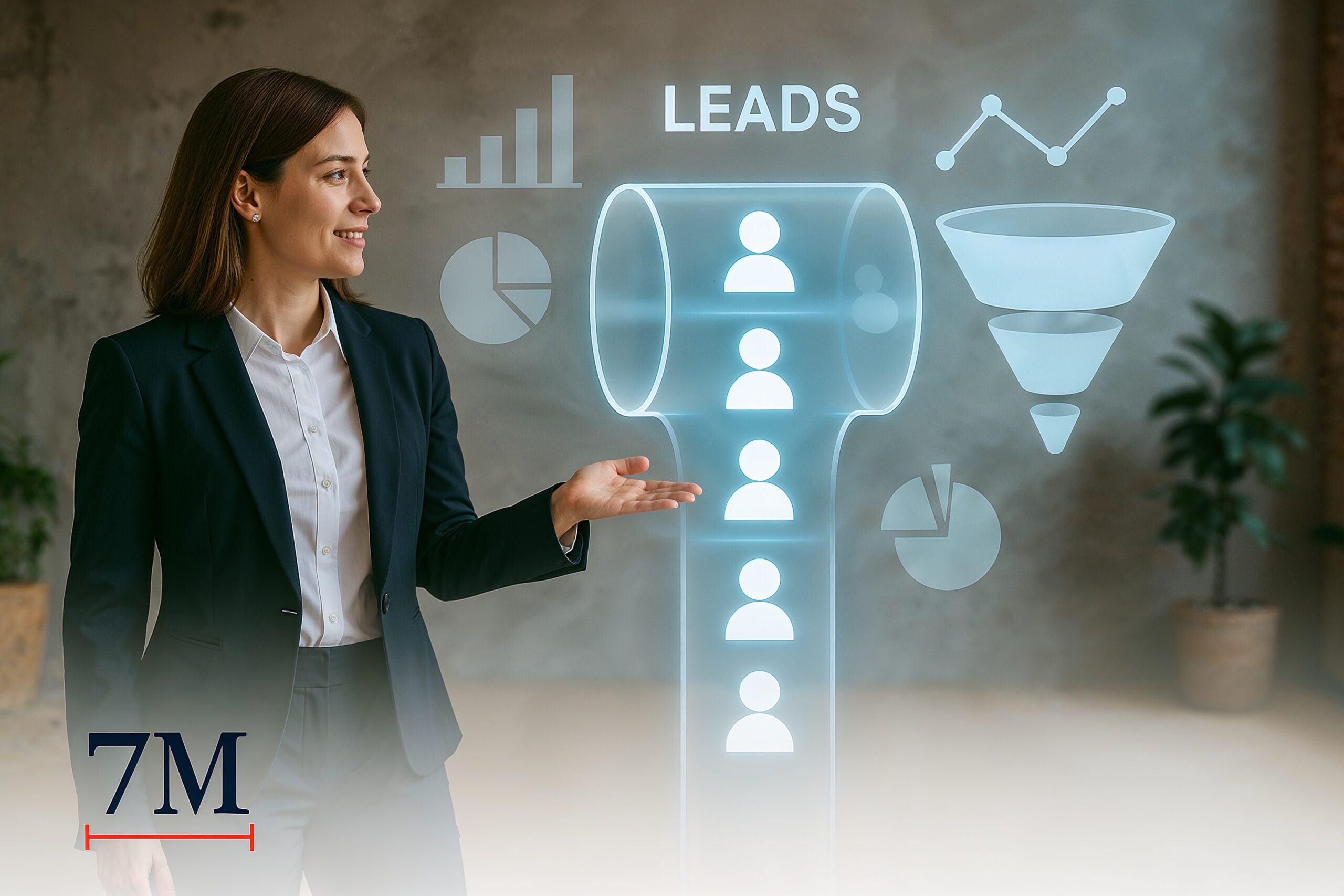 Businesswoman demonstrating CRM funnel management with digital pipeline and analytics icons in a modern workspace