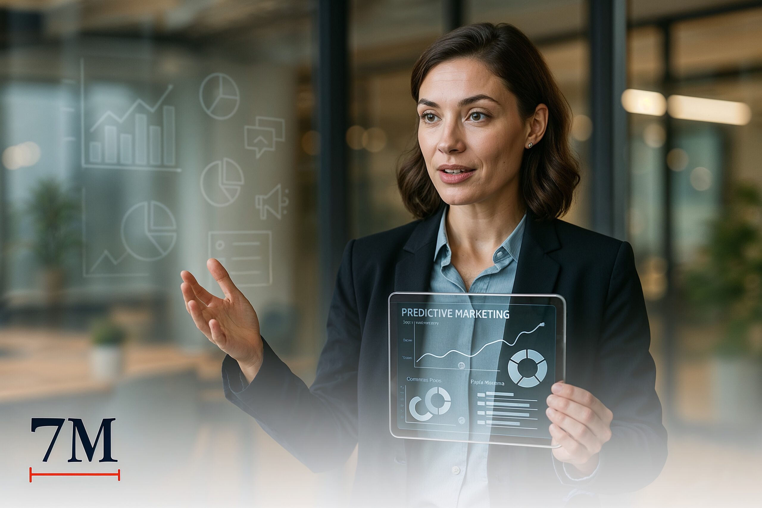 Businesswoman in modern workspace holding digital tablet with marketing analytics charts, discussing ROI forecasts.