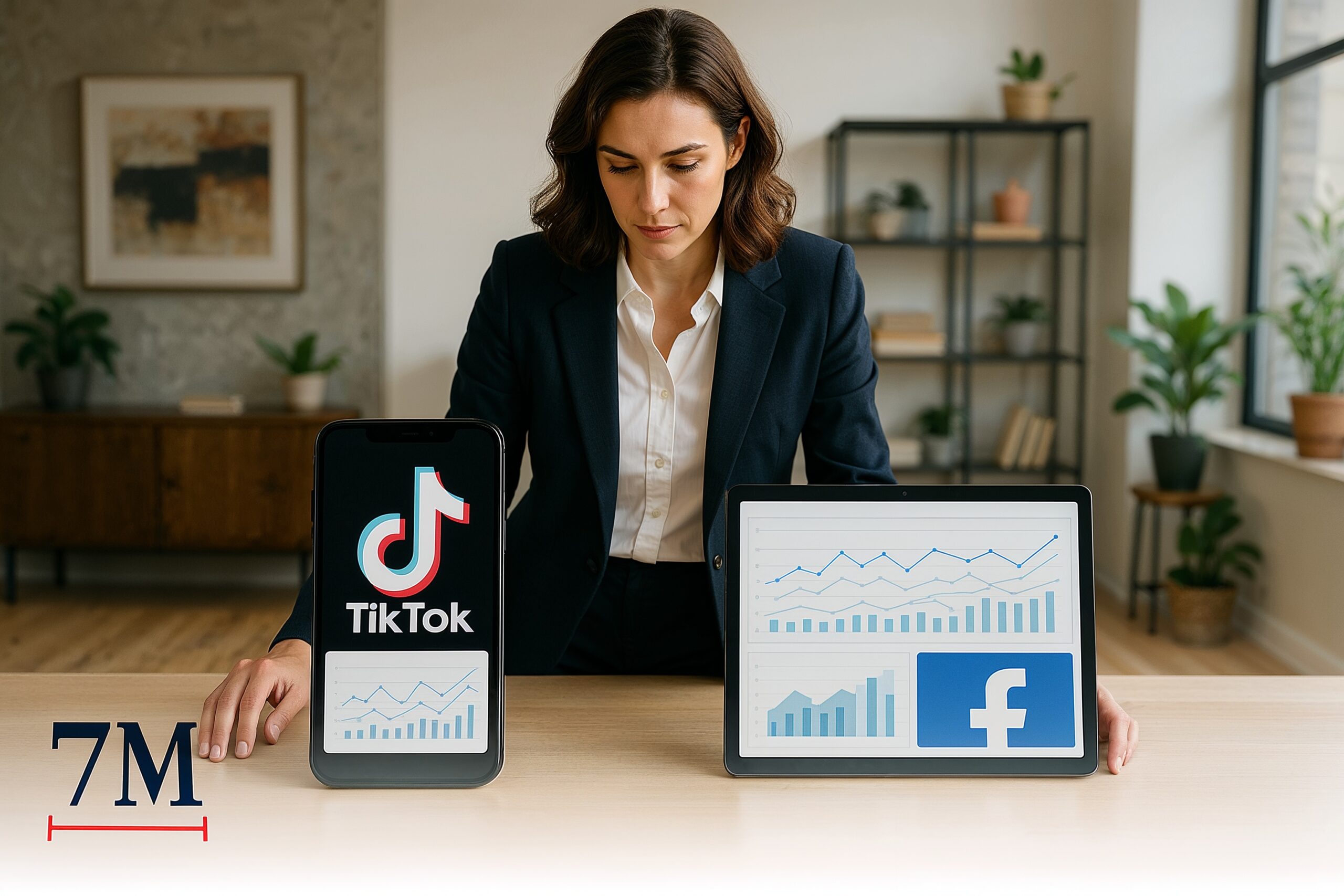 Businesswoman in agency comparing TikTok and Facebook analytics on devices, representing decision-making for advertising platforms