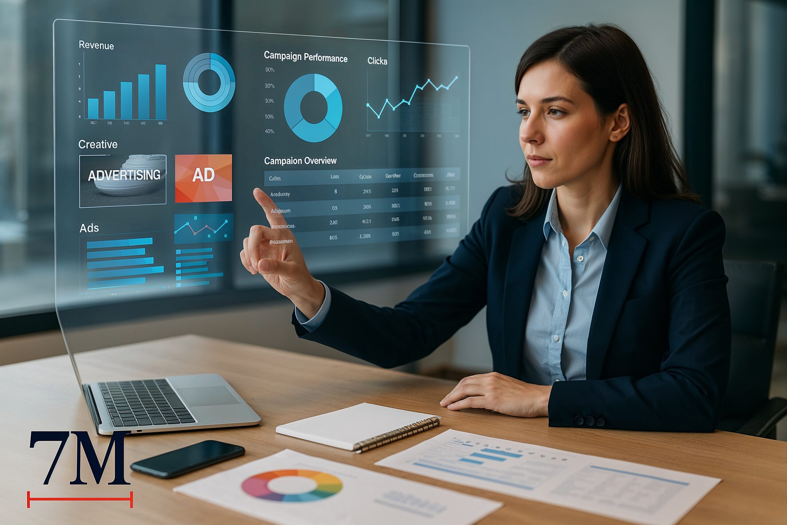 Businesswoman interacting with projected AI marketing analytics in a modern workspace, highlighting automation in client services