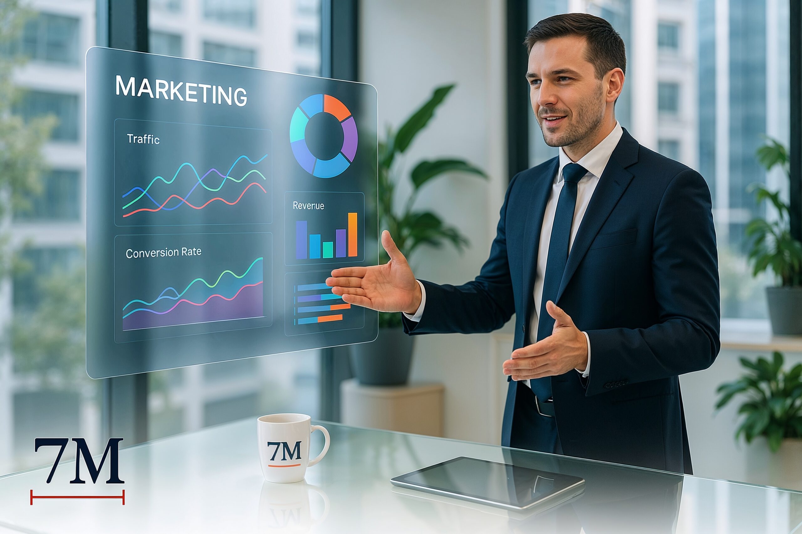 Business professional presenting automated marketing dashboard with holographic charts in a modern office