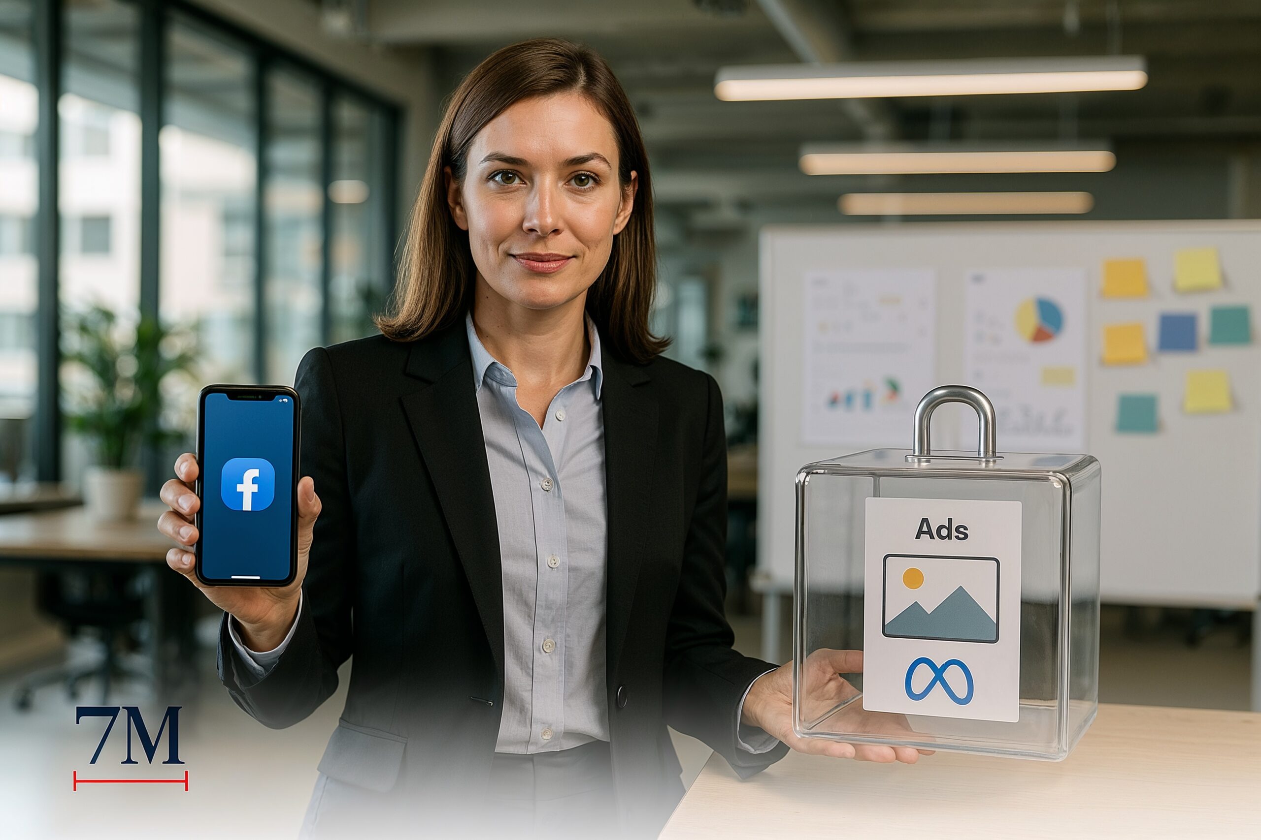 Professional female marketer in business attire showing Facebook app, gesturing to a locked transparent cube with ad materials, in a creative office workspace.
