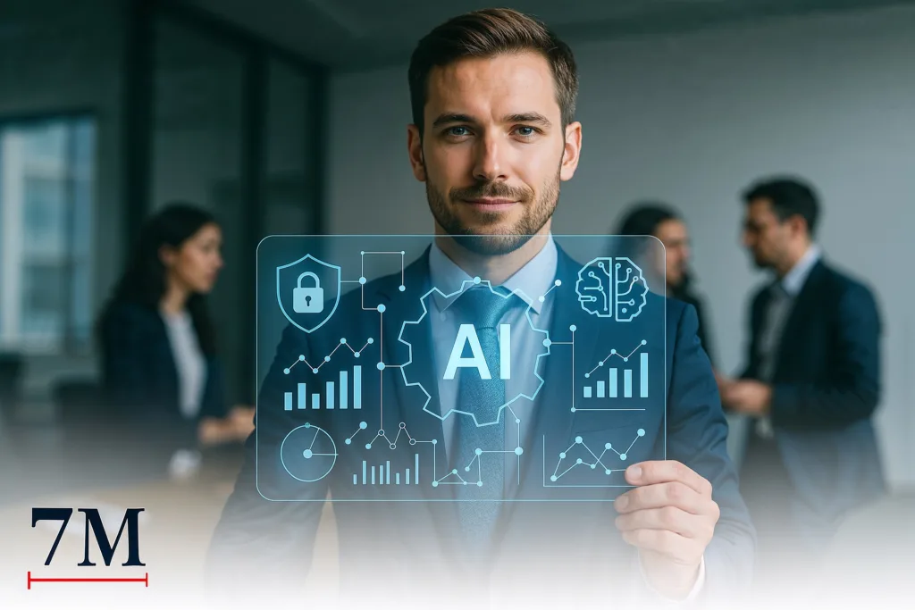 Business professional interacting with a digital AI interface highlighting ethics and data privacy in a modern marketing environment