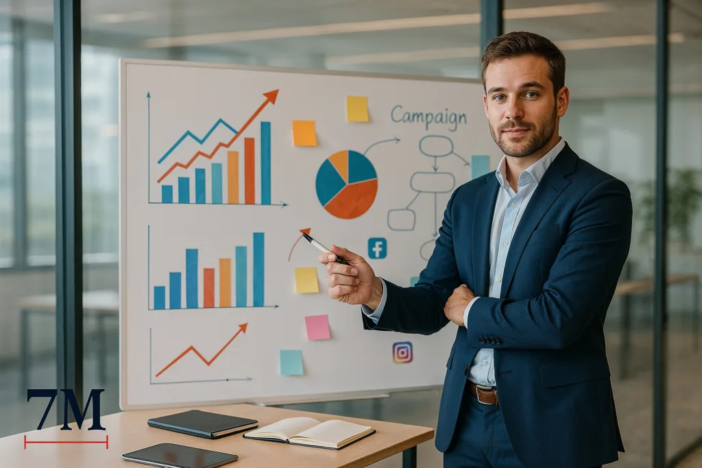 Business professional presenting a 90-day marketing plan on a whiteboard with charts and campaign notes in a modern office.