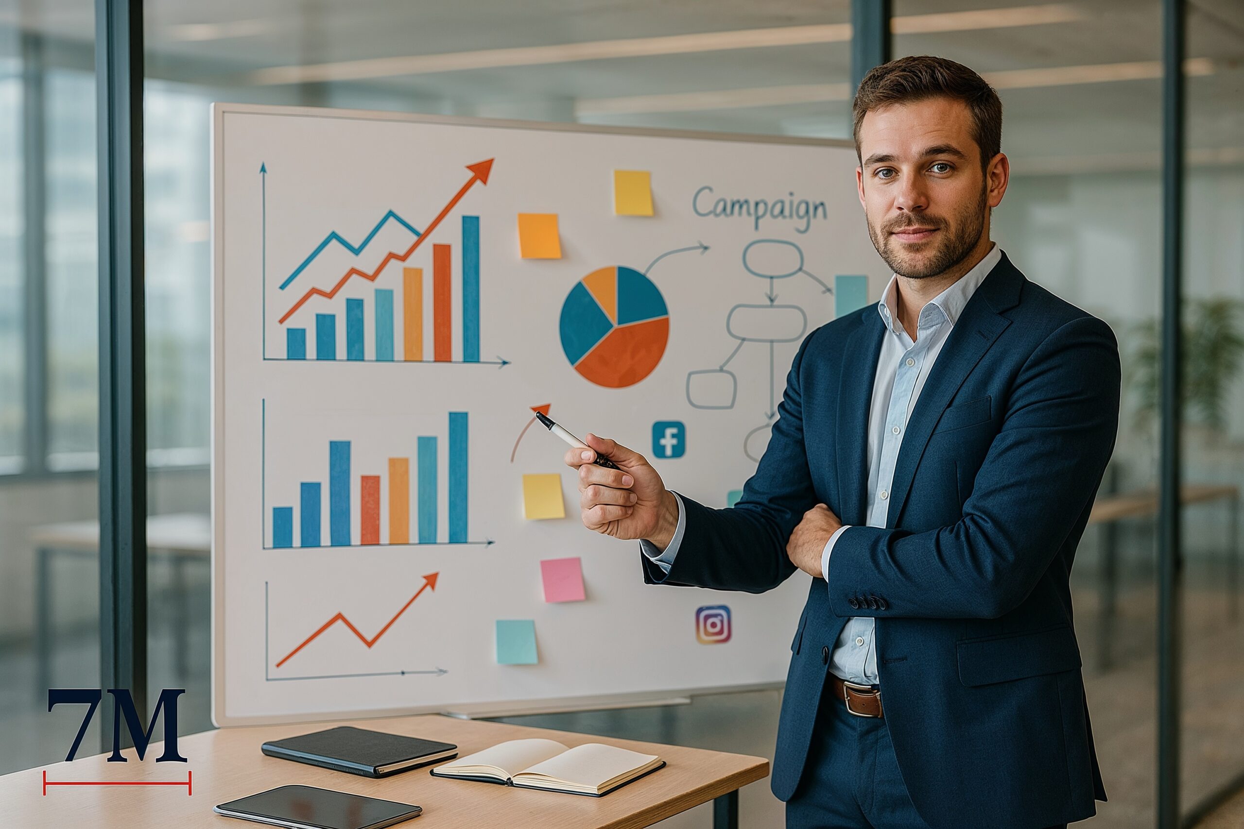 Business professional presenting a 90-day marketing plan on a whiteboard with charts and campaign notes in a modern office.
