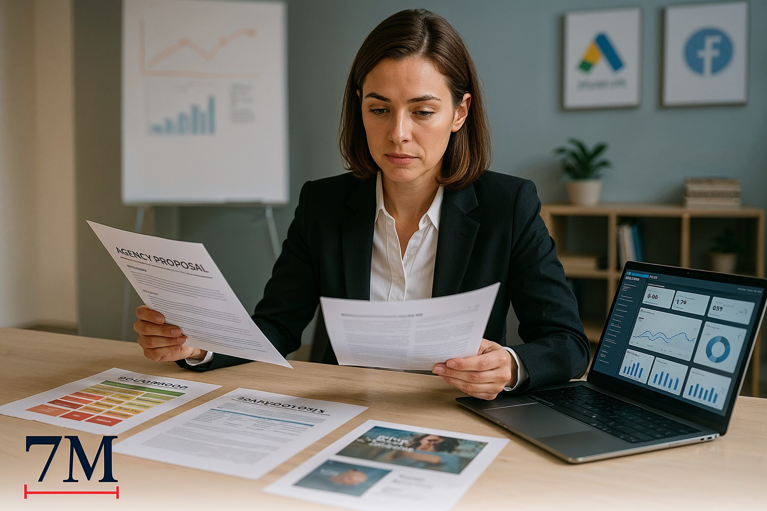 Businesswoman in modern office reviewing agency proposals and marketing scorecards for strategic decision-making