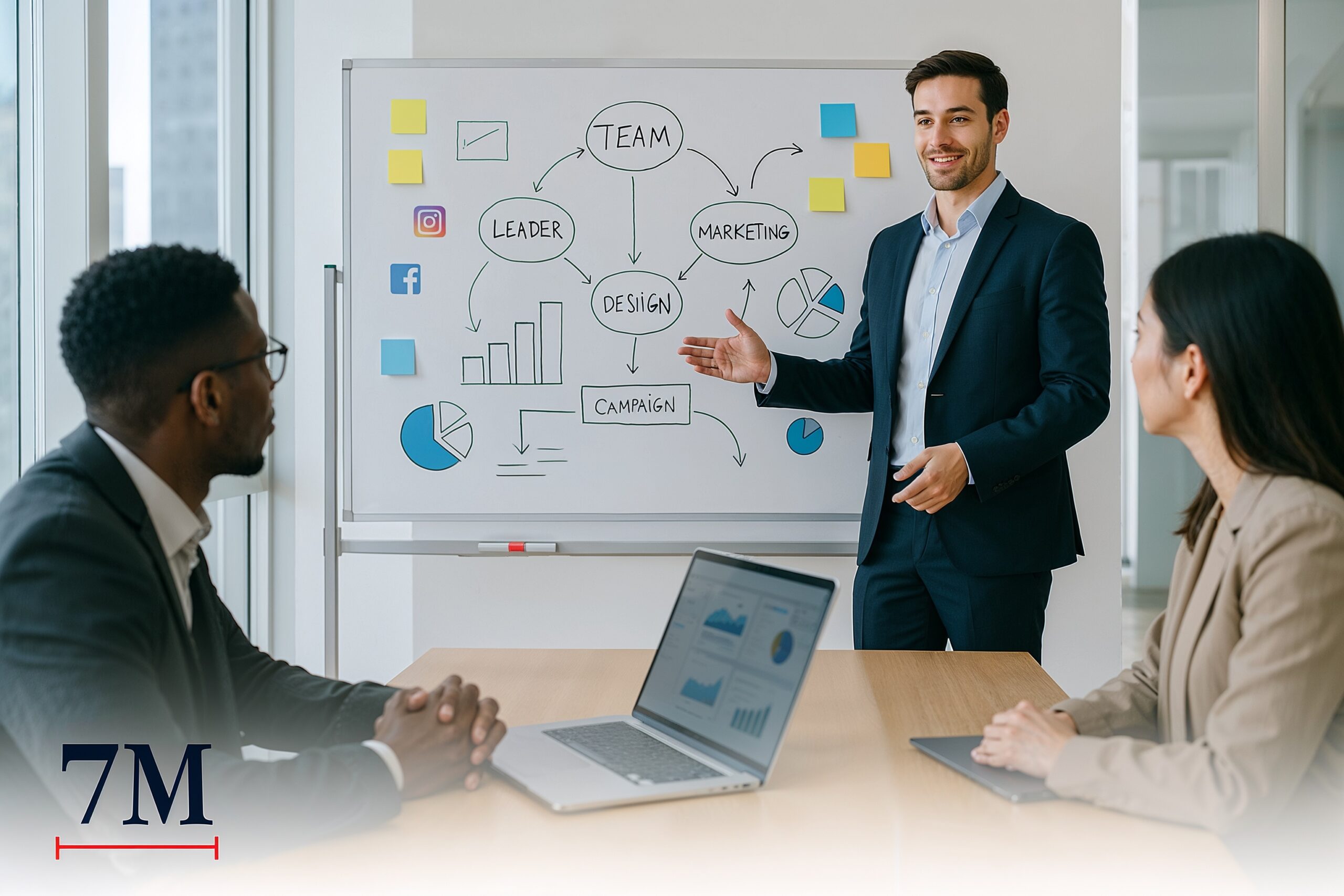A high-performing marketing team collaborating in a modern workspace, planning strategy around a whiteboard with digital marketing diagrams.
