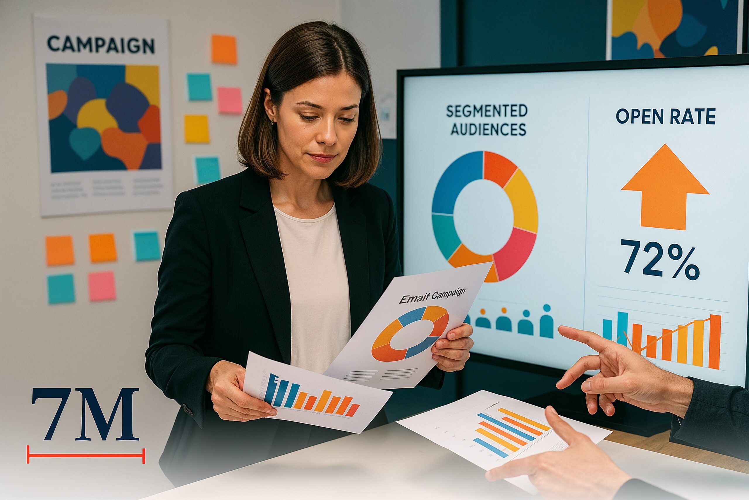 Marketer in business attire analyzing segmented email campaigns and open rate data in a creative, high-tech workspace.