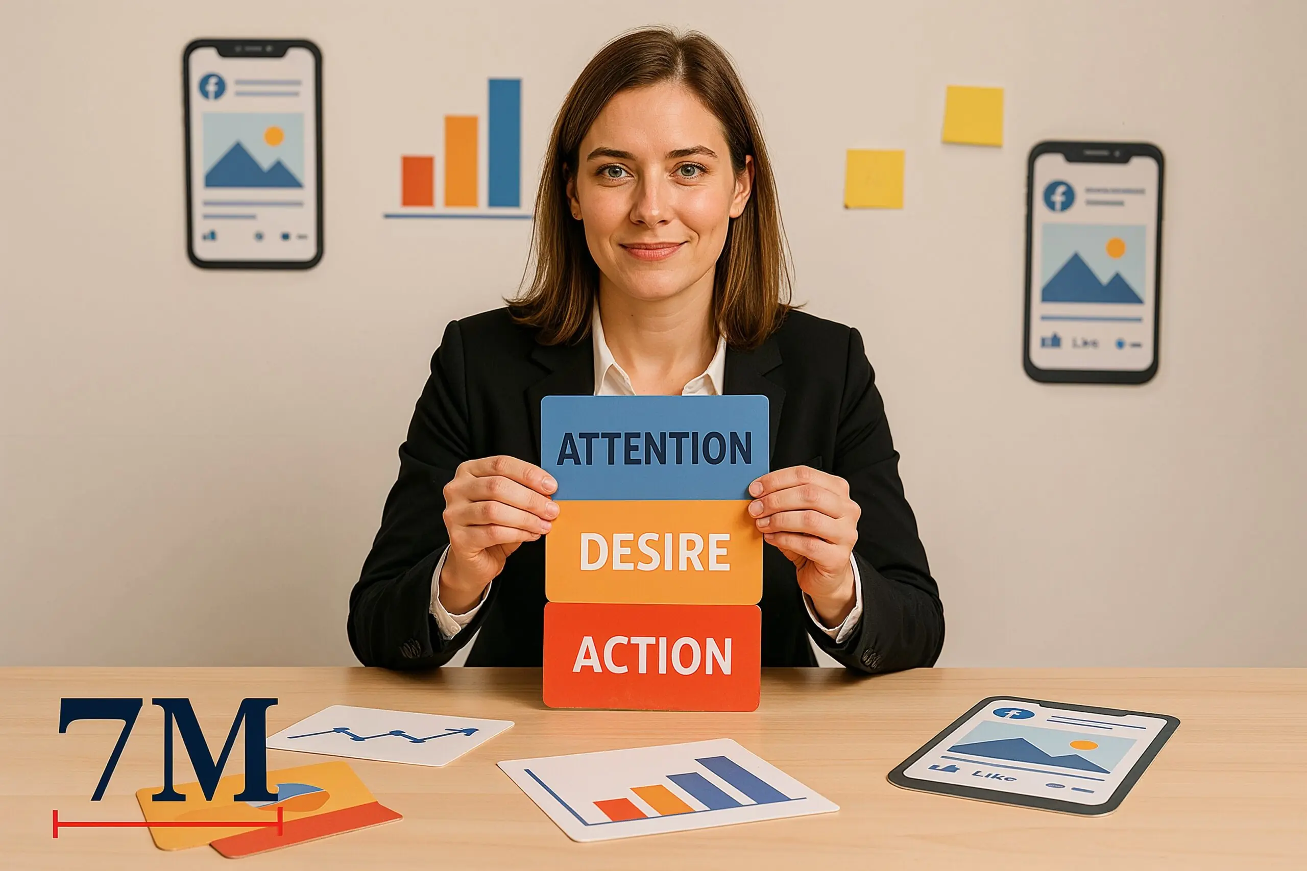Business professional in creative workspace holding cards with Facebook ad copy frameworks, surrounded by ad-related visual metaphors