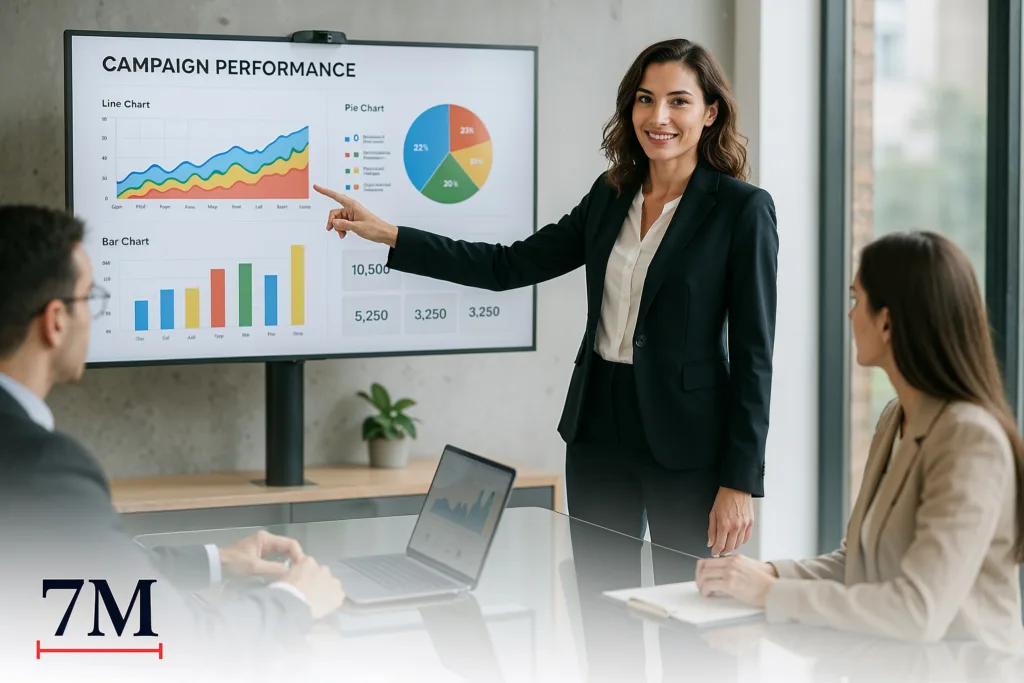 Marketing professional presenting campaign results on a digital dashboard to clients, with clear charts and engaging visuals.