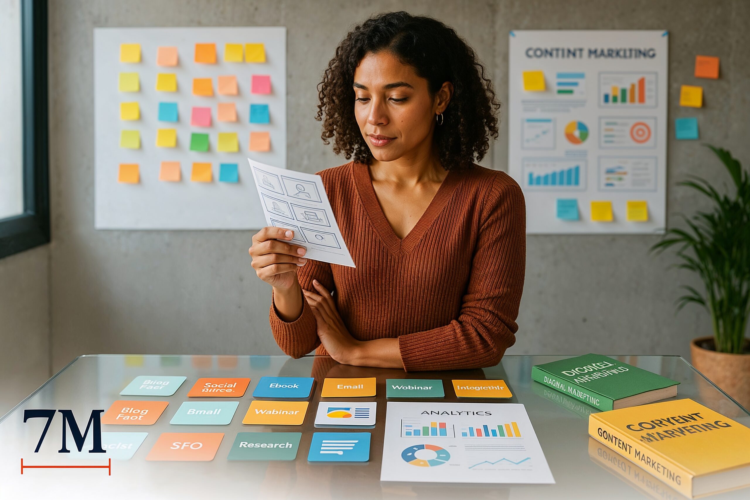 Marketing strategist in business attire brainstorming content ideas with cards and storyboards in a modern creative workspace.