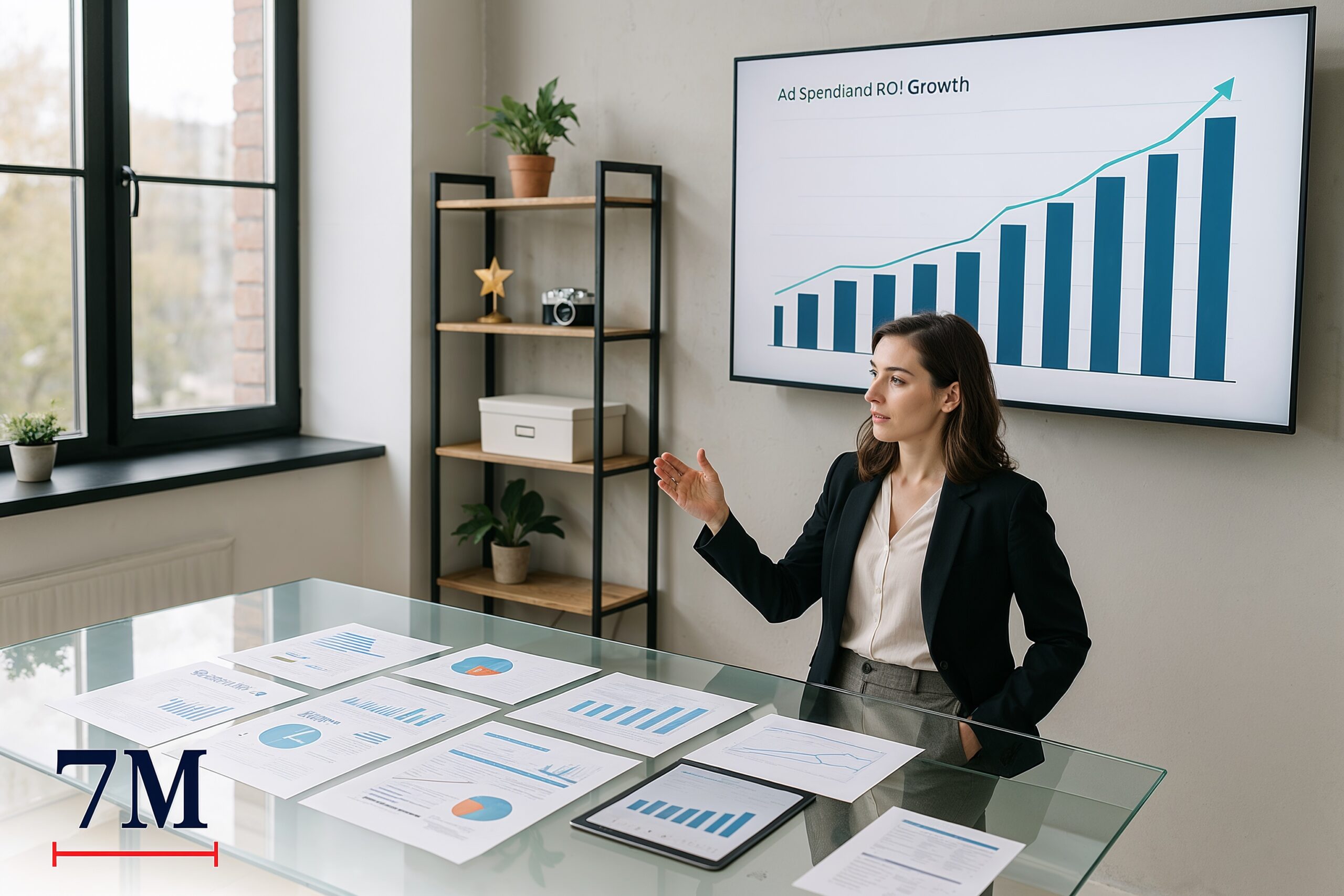 Businesswoman analyzing Facebook ad budget reports and campaign analytics in a modern office, planning strategic ad spend.
