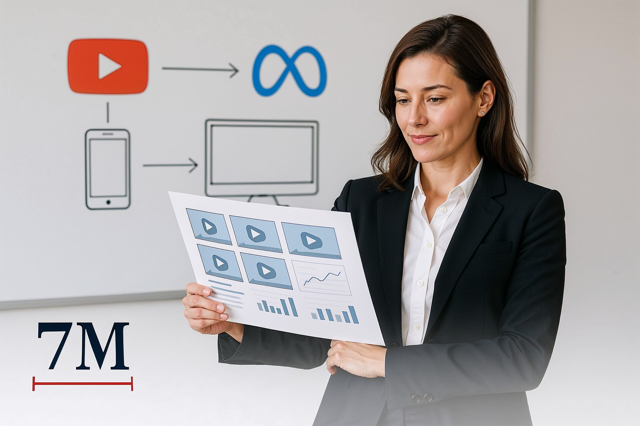 Woman in business attire reviewing video ad strategies for cross-platform retargeting between YouTube and Meta in a creative office