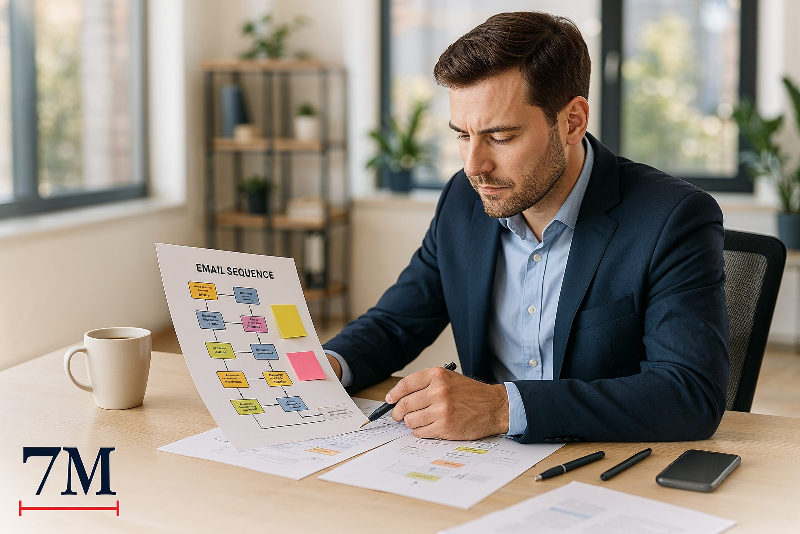 Business professional reviewing a detailed email sequence flowchart at a creative workspace, planning cold lead nurture campaigns.