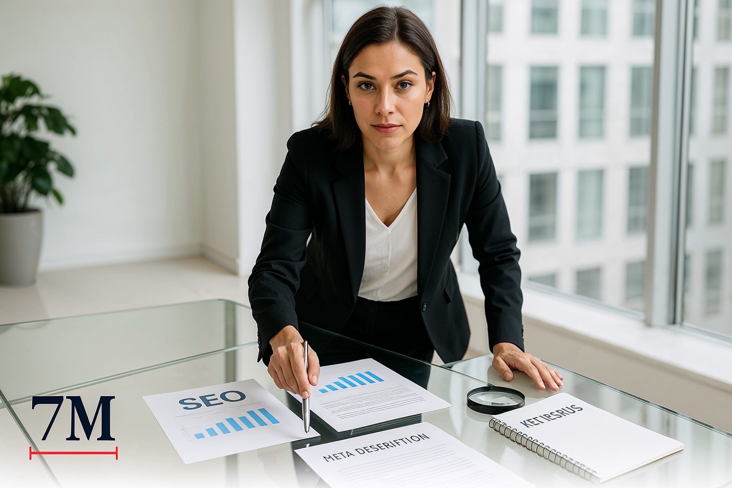 Businesswoman analyzing SEO documents and meta description drafts in a creative workspace