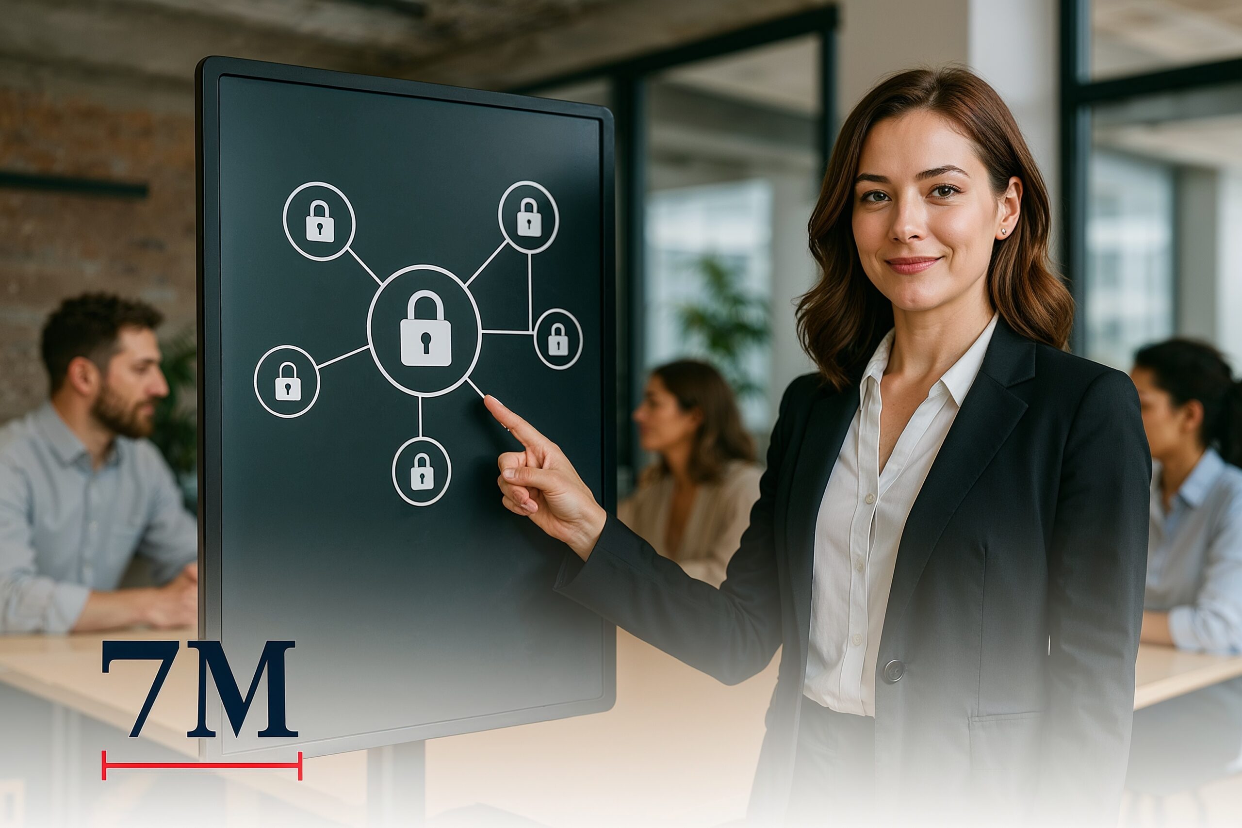 Businesswoman in agency setting pointing at a digital whiteboard with padlock icons, illustrating secure client ad account management.