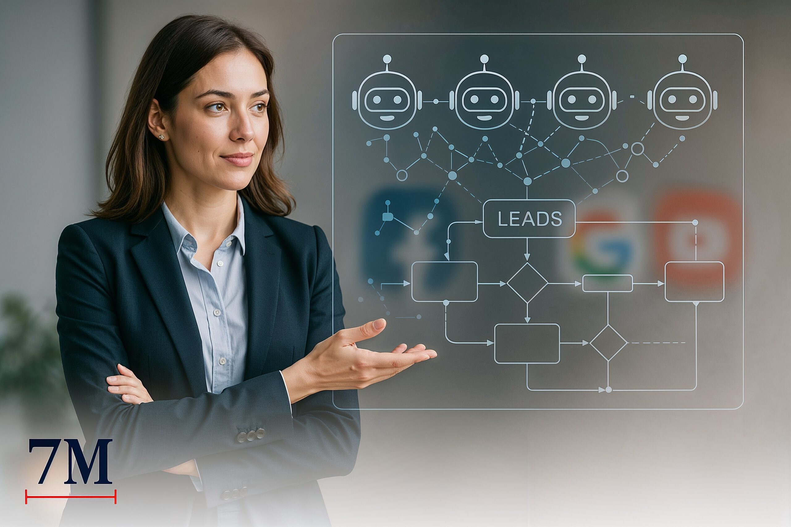 Business professional presenting AI lead generation bots interface with digital chatbot icons and social media elements in a modern workspace