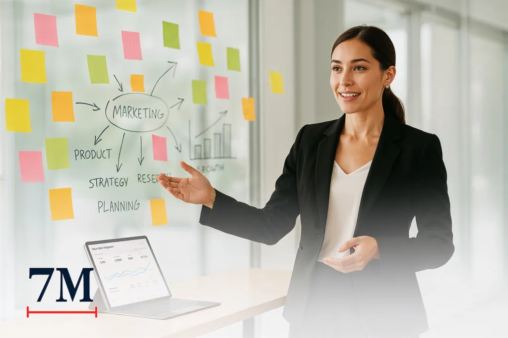 Businesswoman explaining the difference between advertising and marketing using sticky notes and digital dashboards in a creative workspace.