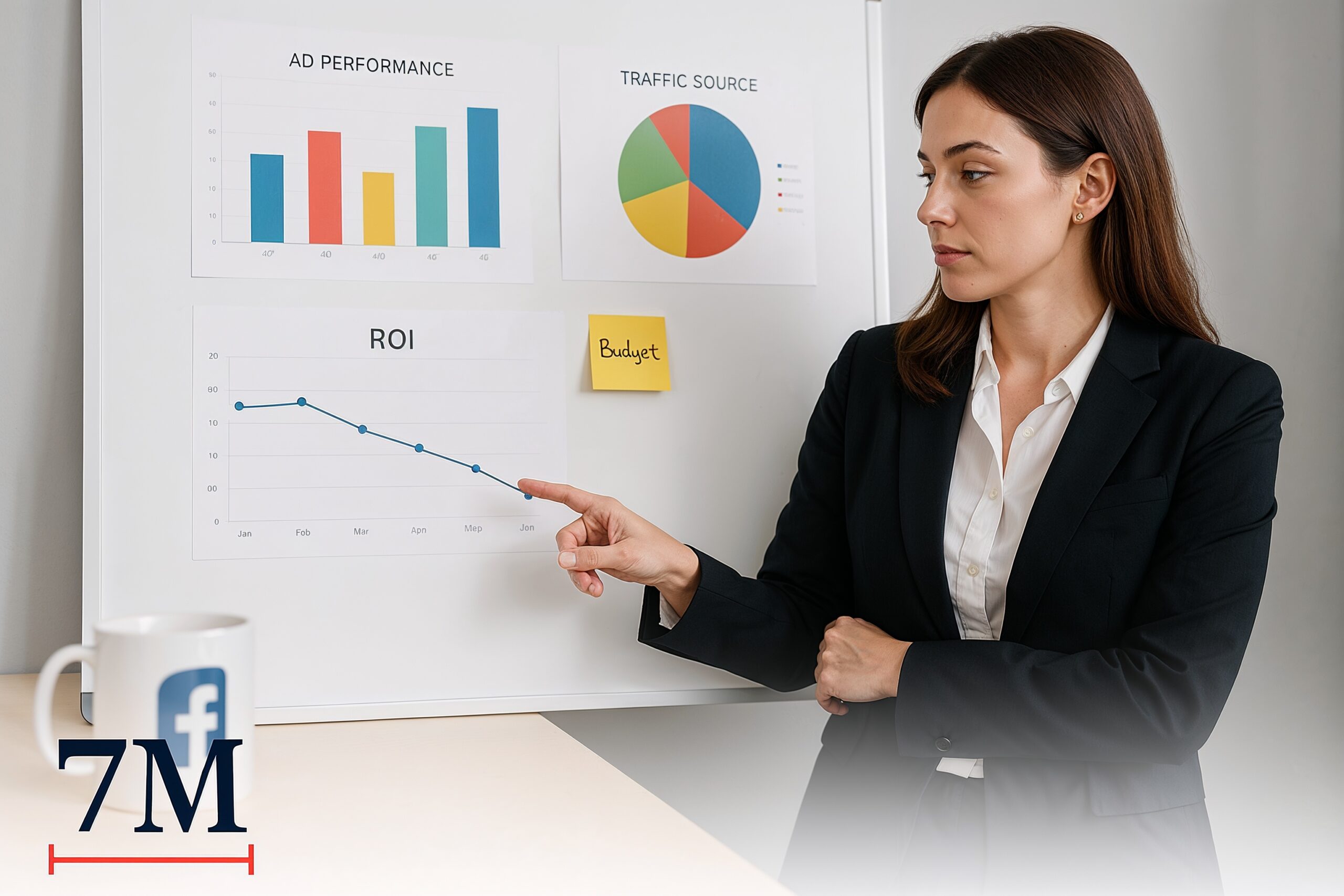Businesswoman analyzing Facebook ad metrics on a whiteboard in a creative marketing workspace.